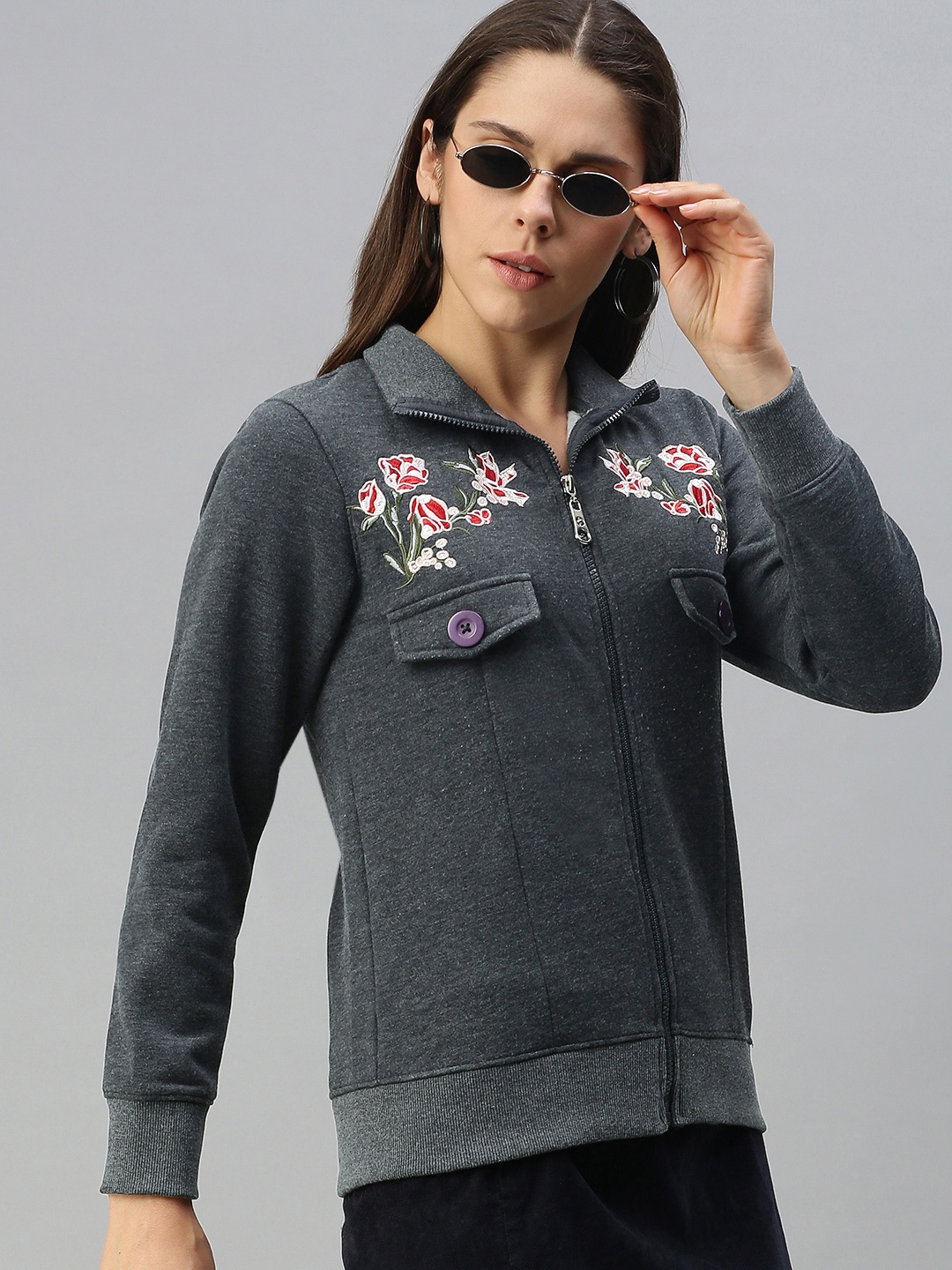 

Campus Sutra Women Charcoal Grey Embroidered Sweatshirt