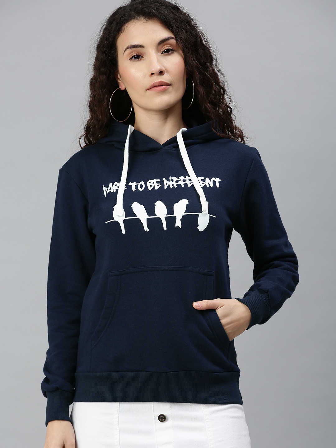 

Campus Sutra Women Navy Blue Printed Hooded Sweatshirt