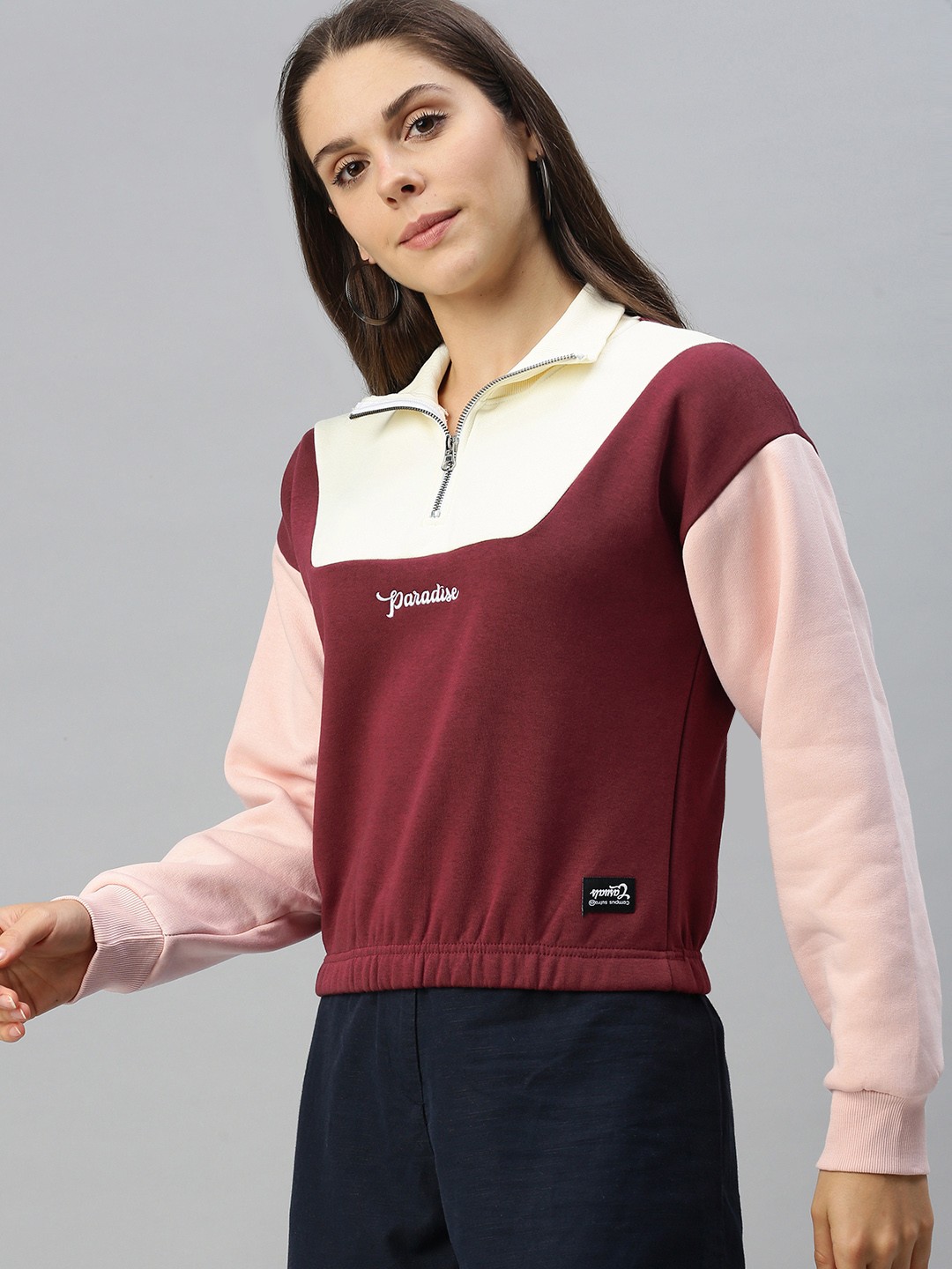 

Campus Sutra Women Maroon Colourblocked Sweatshirt