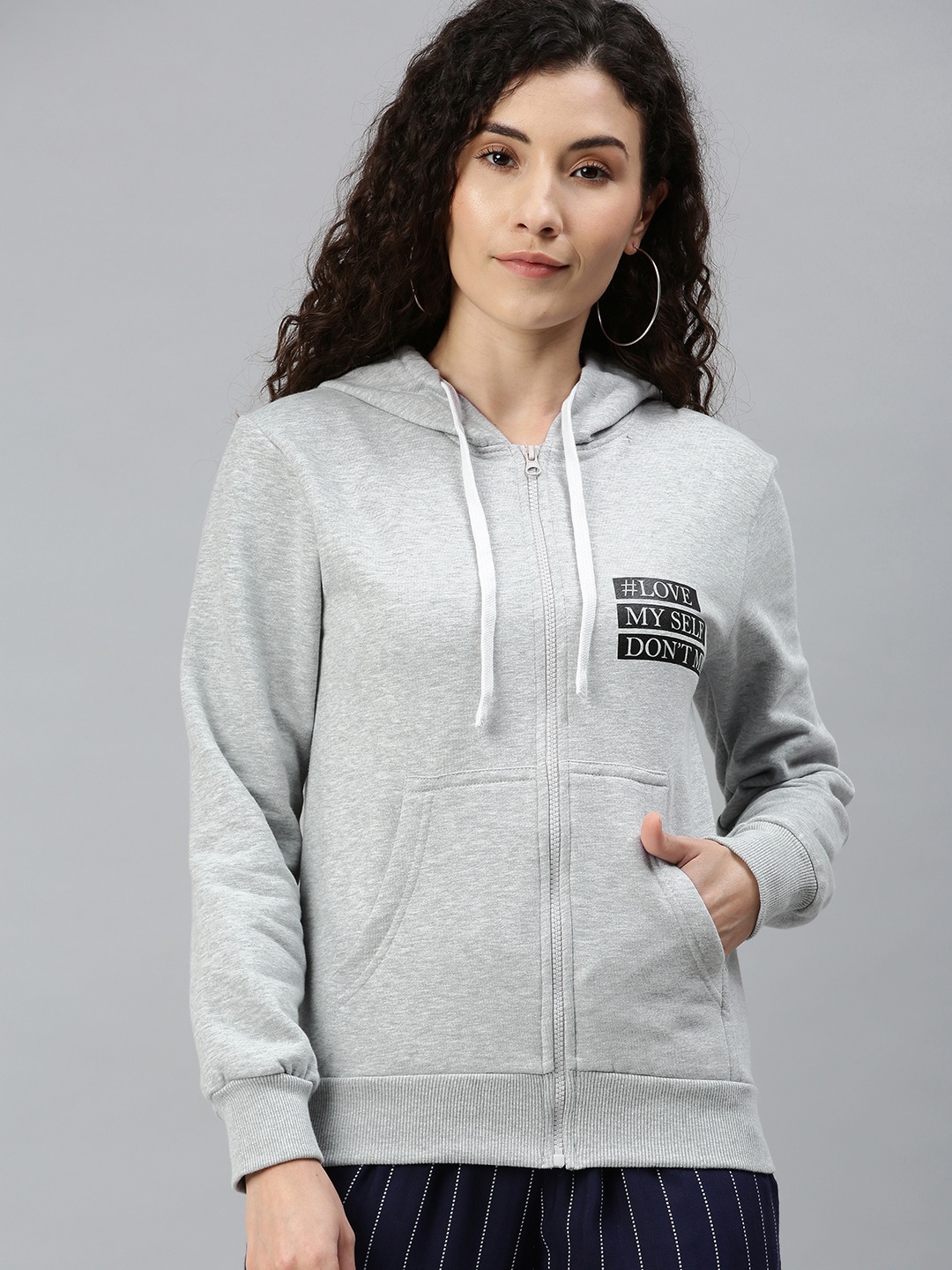 

Campus Sutra Women Grey Melange Printed Detailed Hooded Sweatshirt