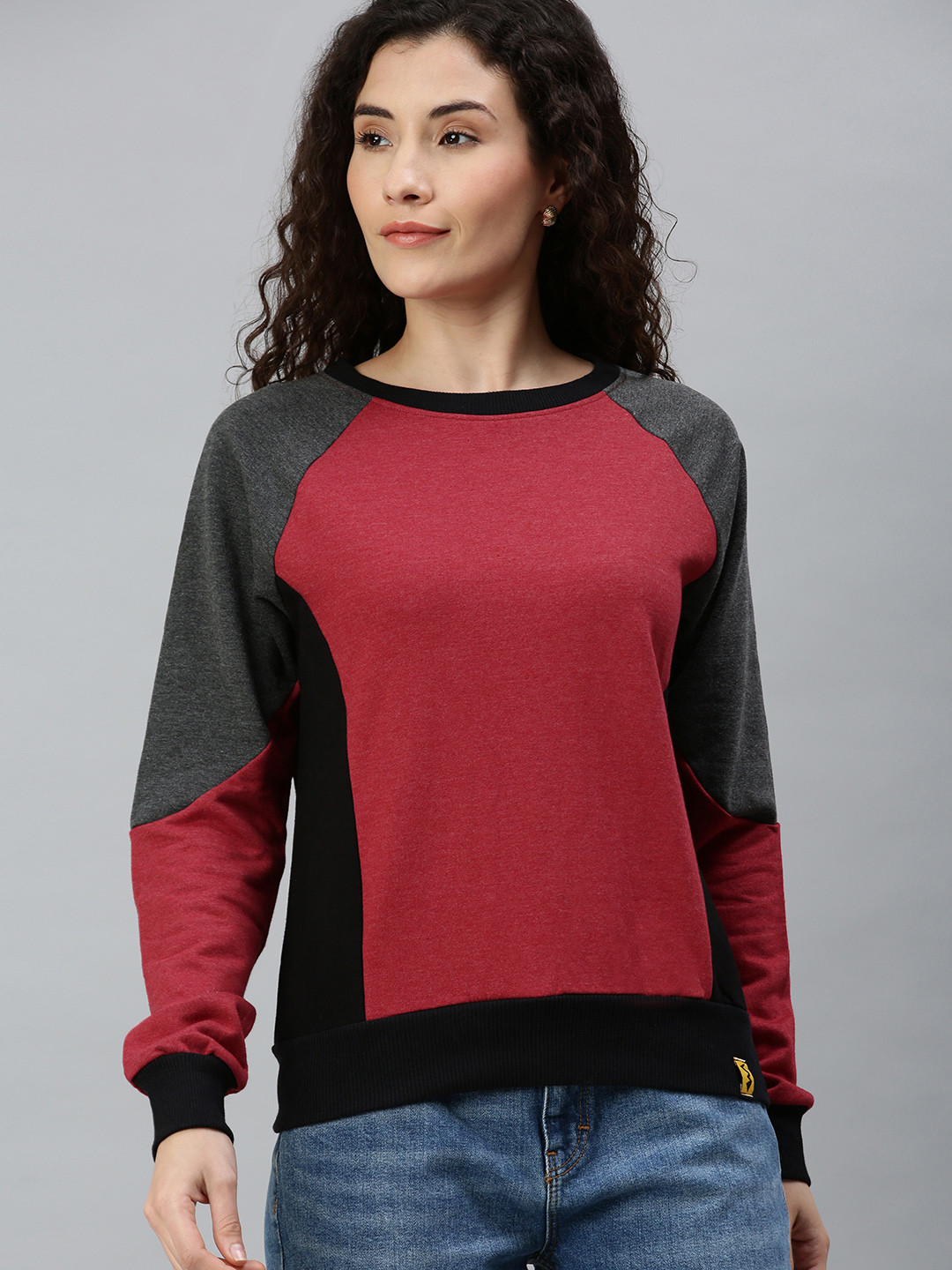 

Campus Sutra Women Maroon & Black Colourblocked Sweatshirt