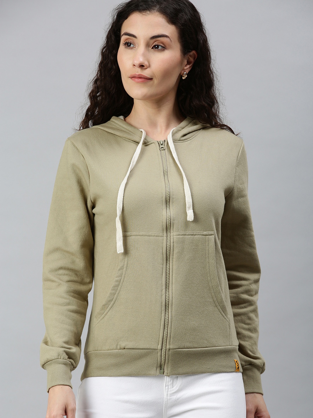 

Campus Sutra Women Green Solid Hooded Front-Open Sweatshirt