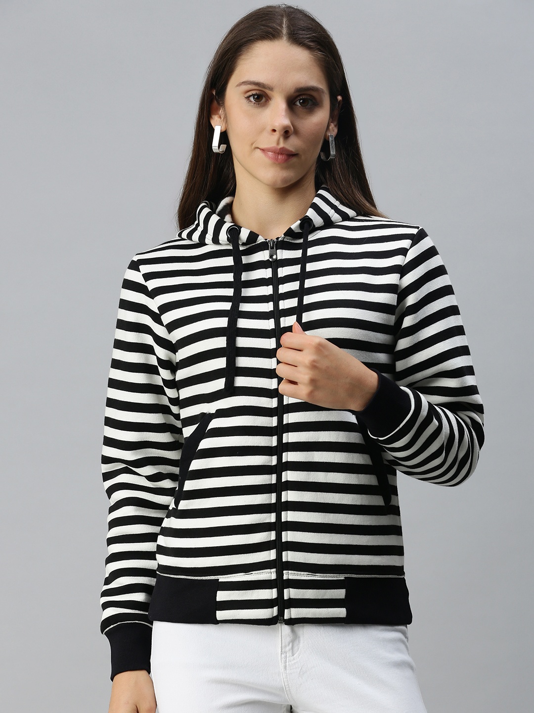 

Campus Sutra Women Black & White Striped Hooded Front-Open Sweatshirt