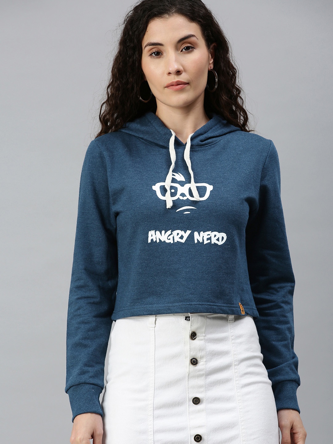 

Campus Sutra Women Navy Blue Printed Hooded Pullover Crop Sweatshirt