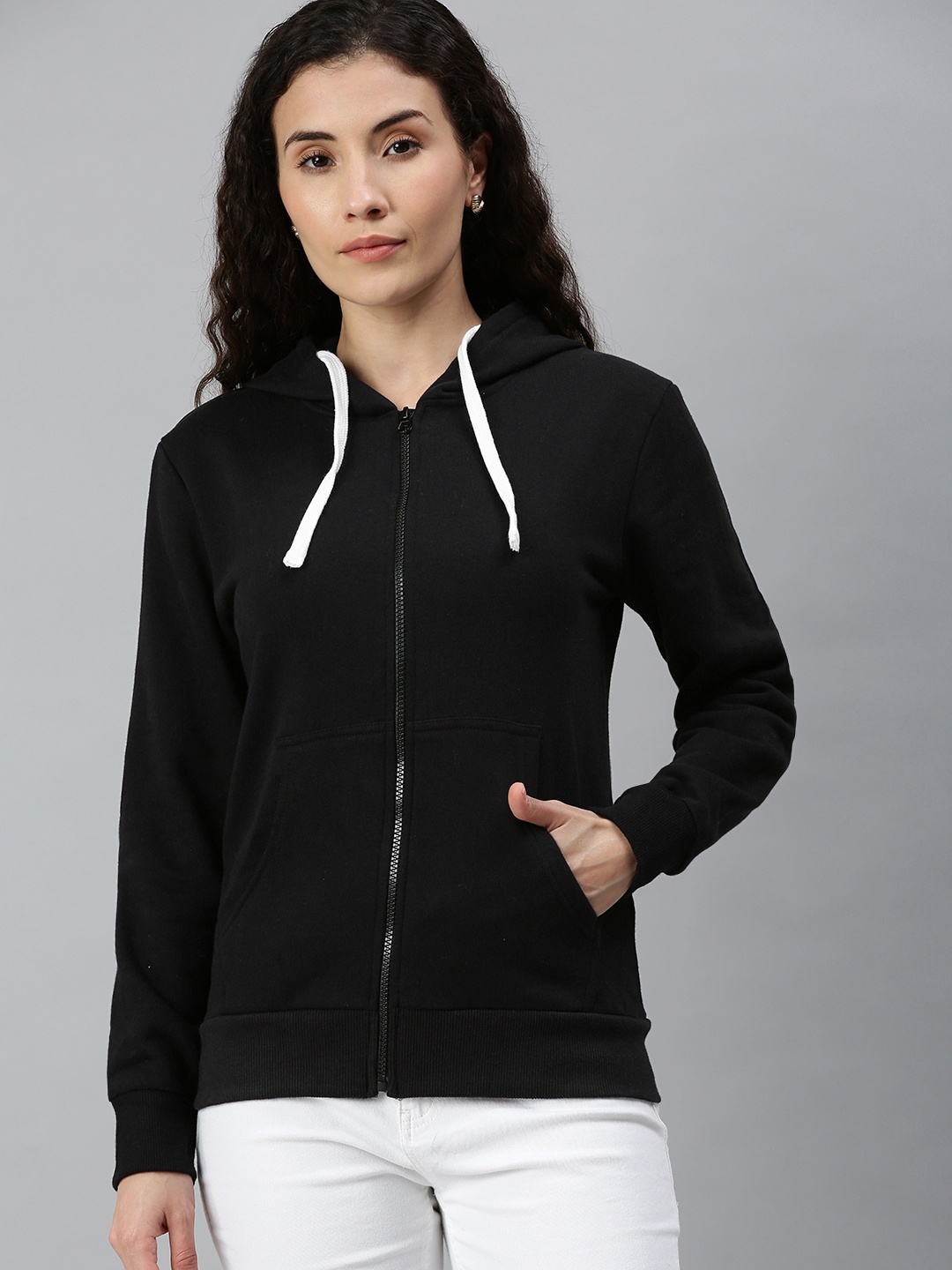 

Campus Sutra Women Black Solid Hooded Sweatshirt