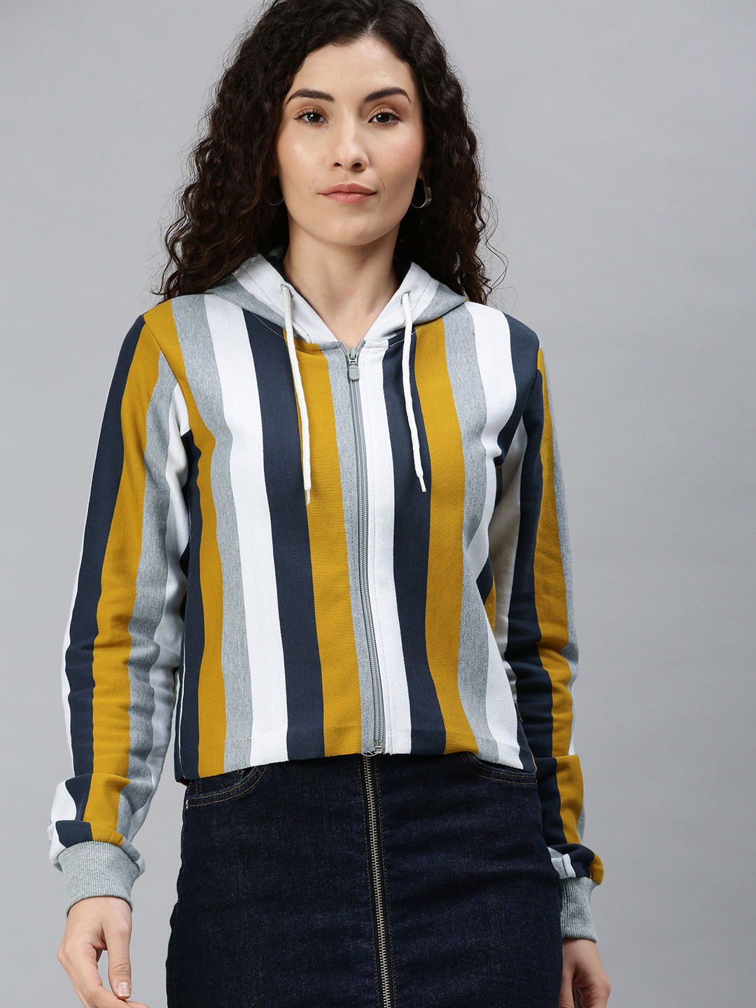 

Campus Sutra Women Mustard Yellow & White Striped Hooded Sweatshirt