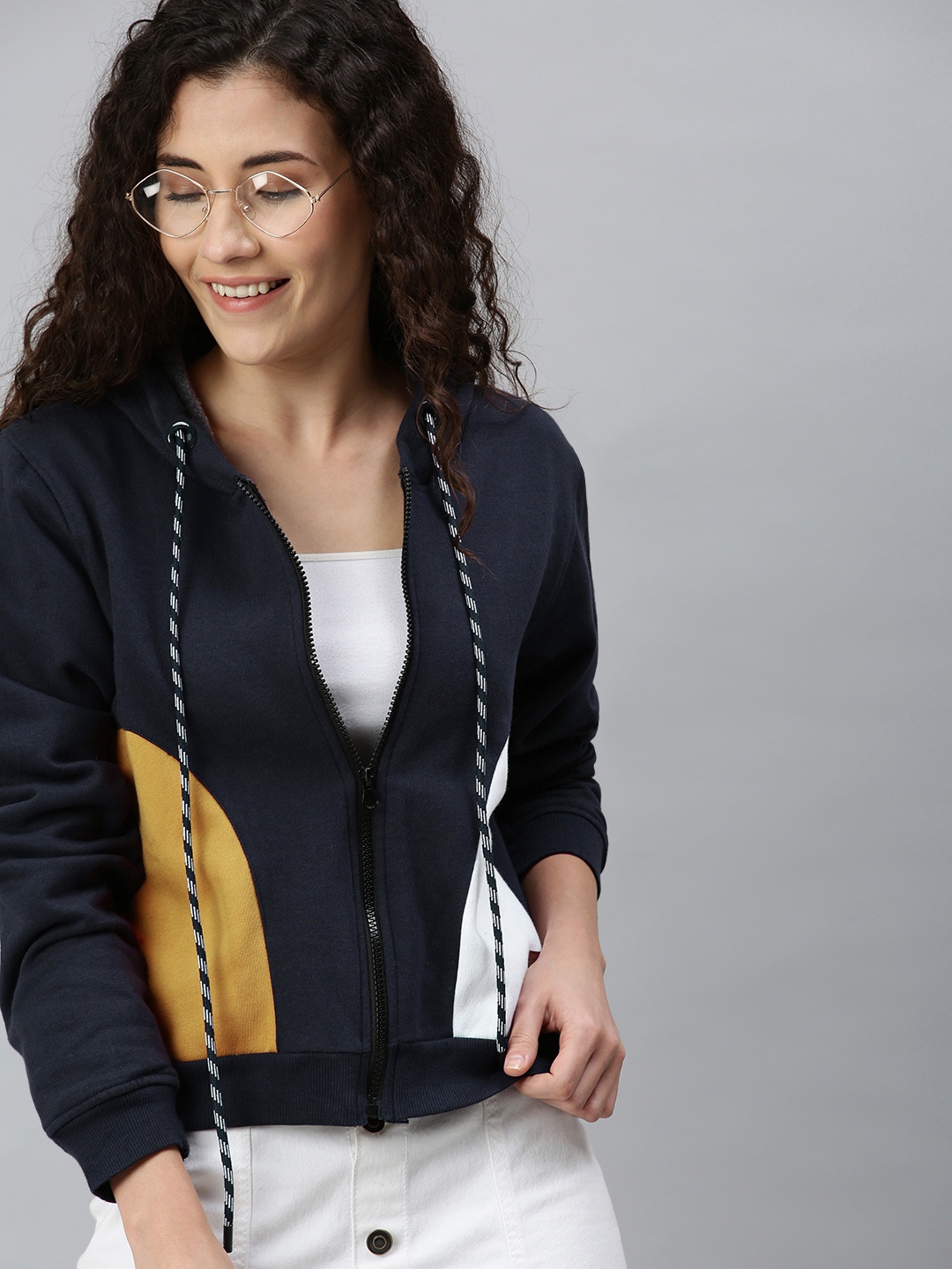 Campus Sutra Women Navy Blue Colourblocked Hooded Sweatshirt
