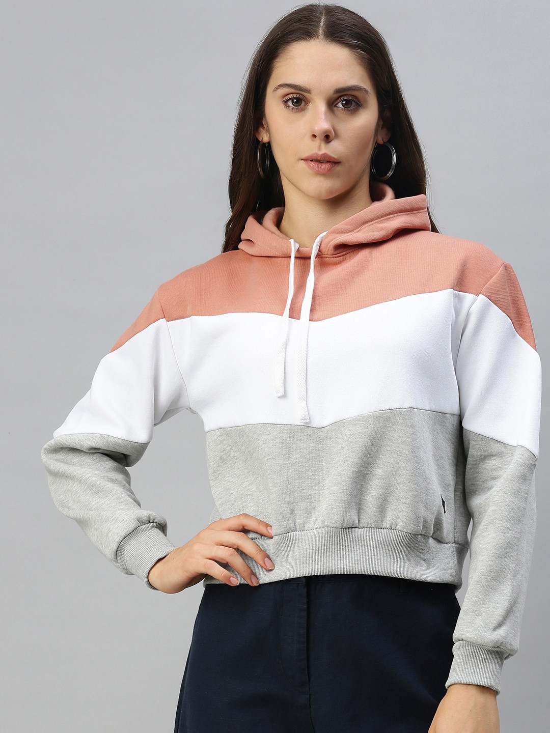 

Campus Sutra Women Pink & White Colourblocked Hooded Pullover Sweatshirt