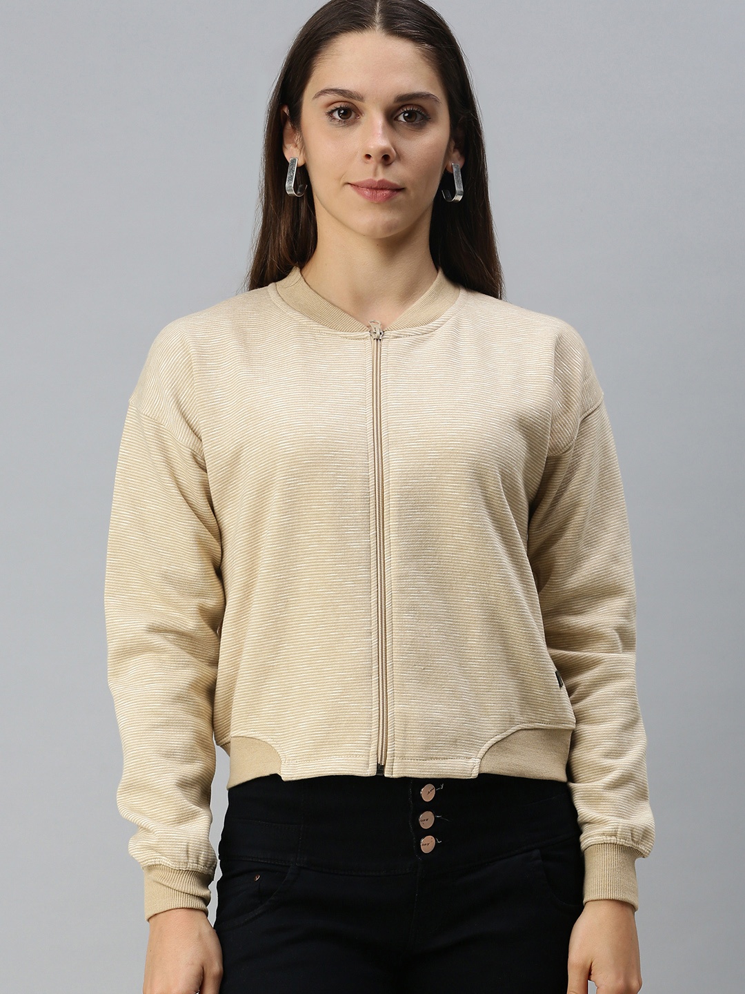 

Campus Sutra Women Beige Striped Sweatshirt