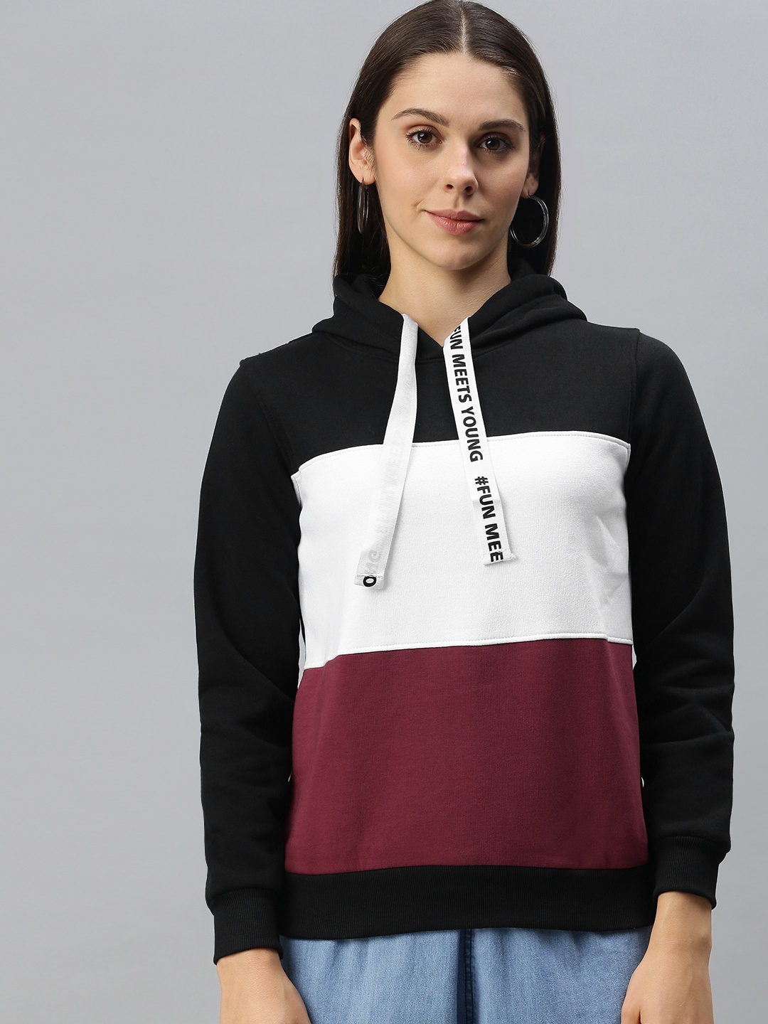 

Campus Sutra Women Black Colourblocked Hooded Sweatshirt