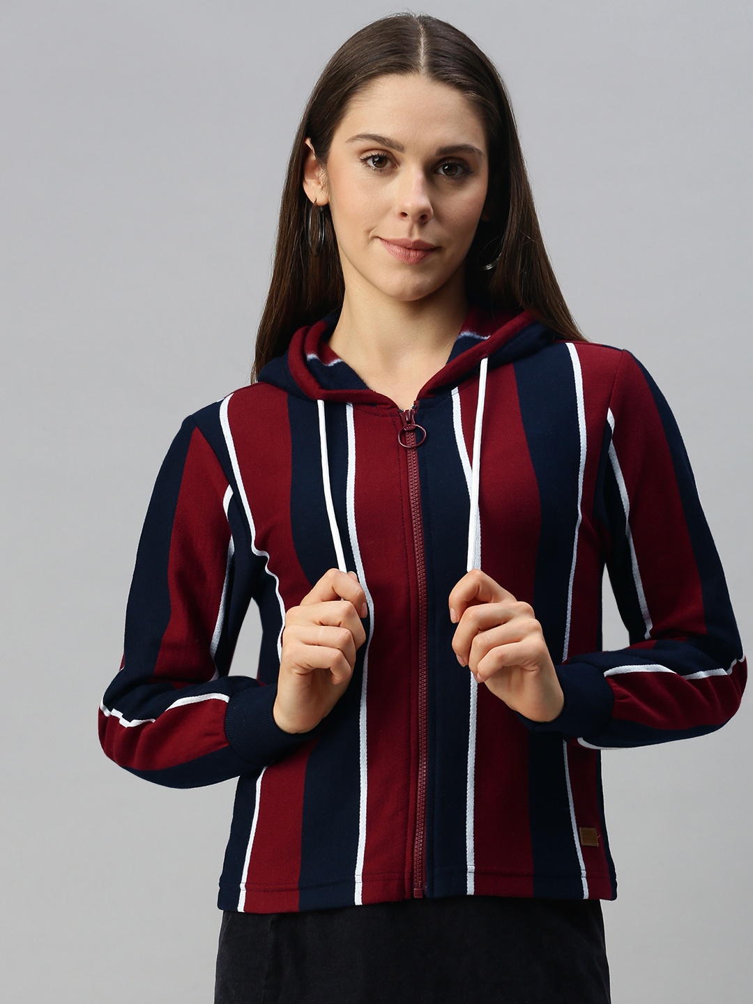 

Campus Sutra Women Maroon & Black Striped Hooded Sweatshirt