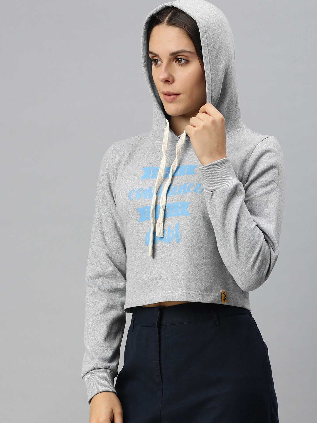 

Campus Sutra Women Grey Melange Printed Hooded Cropped Sweatshirt