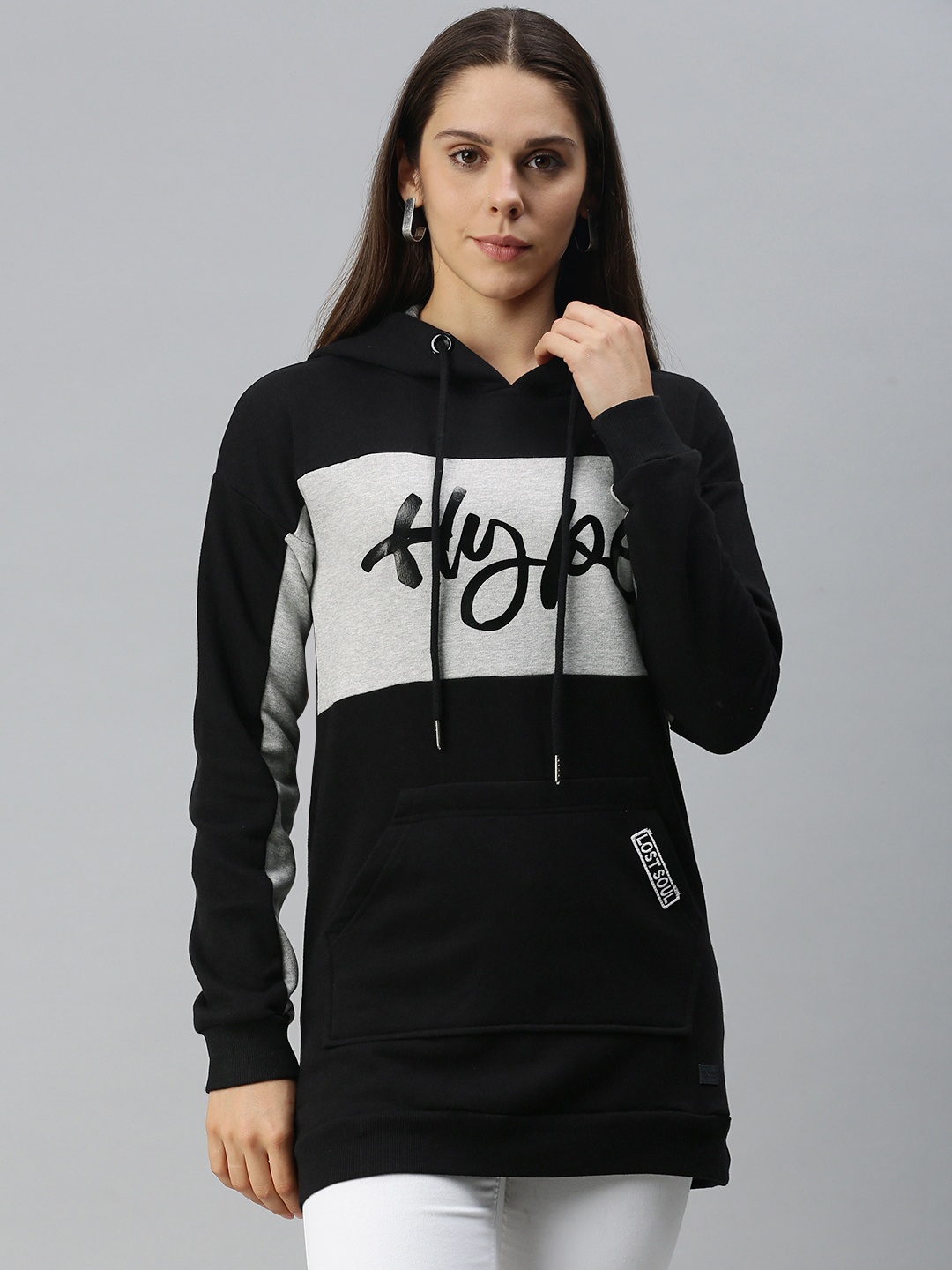 

Campus Sutra Women Black & Grey Melange Colourblocked Hooded Pullover Longline Sweatshirt