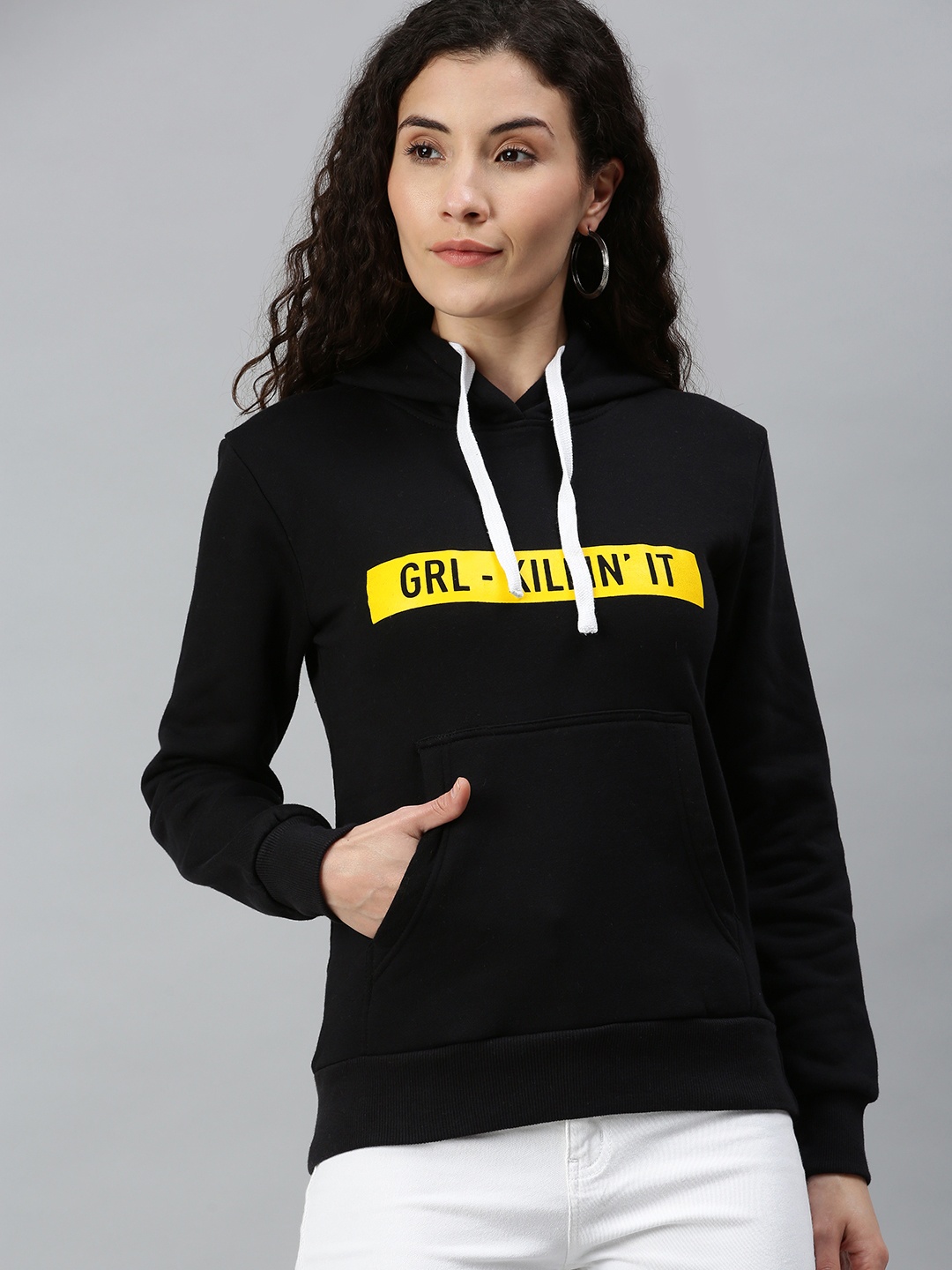 

Campus Sutra Women Black Printed Hooded Sweatshirt