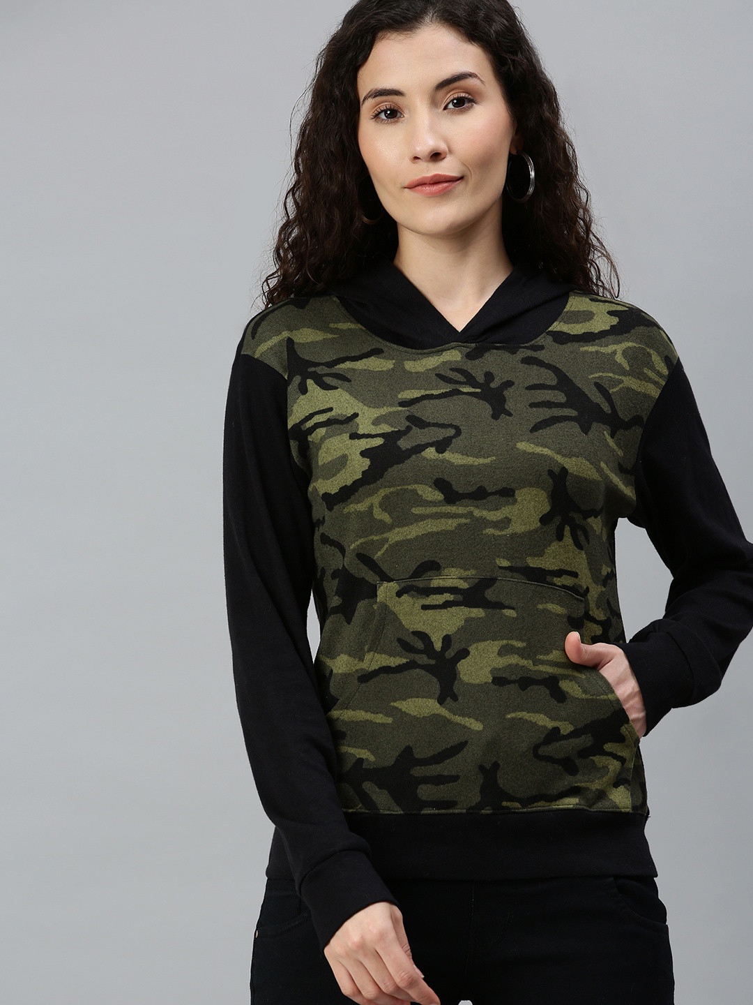 

Campus Sutra Women Green Camouflage Printed Hooded Sweatshirt