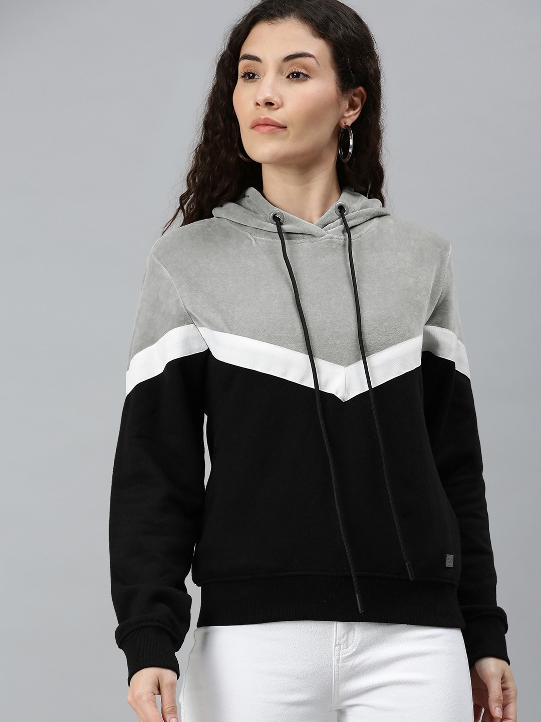 

Campus Sutra Women Black and Grey Colourblocked Hooded Pure Cotton Sweatshirt