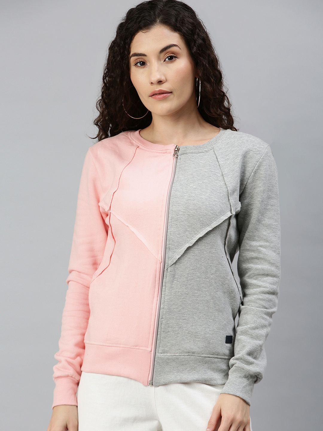 

Campus Sutra Women Pink & Grey Colourblocked Sweatshirt