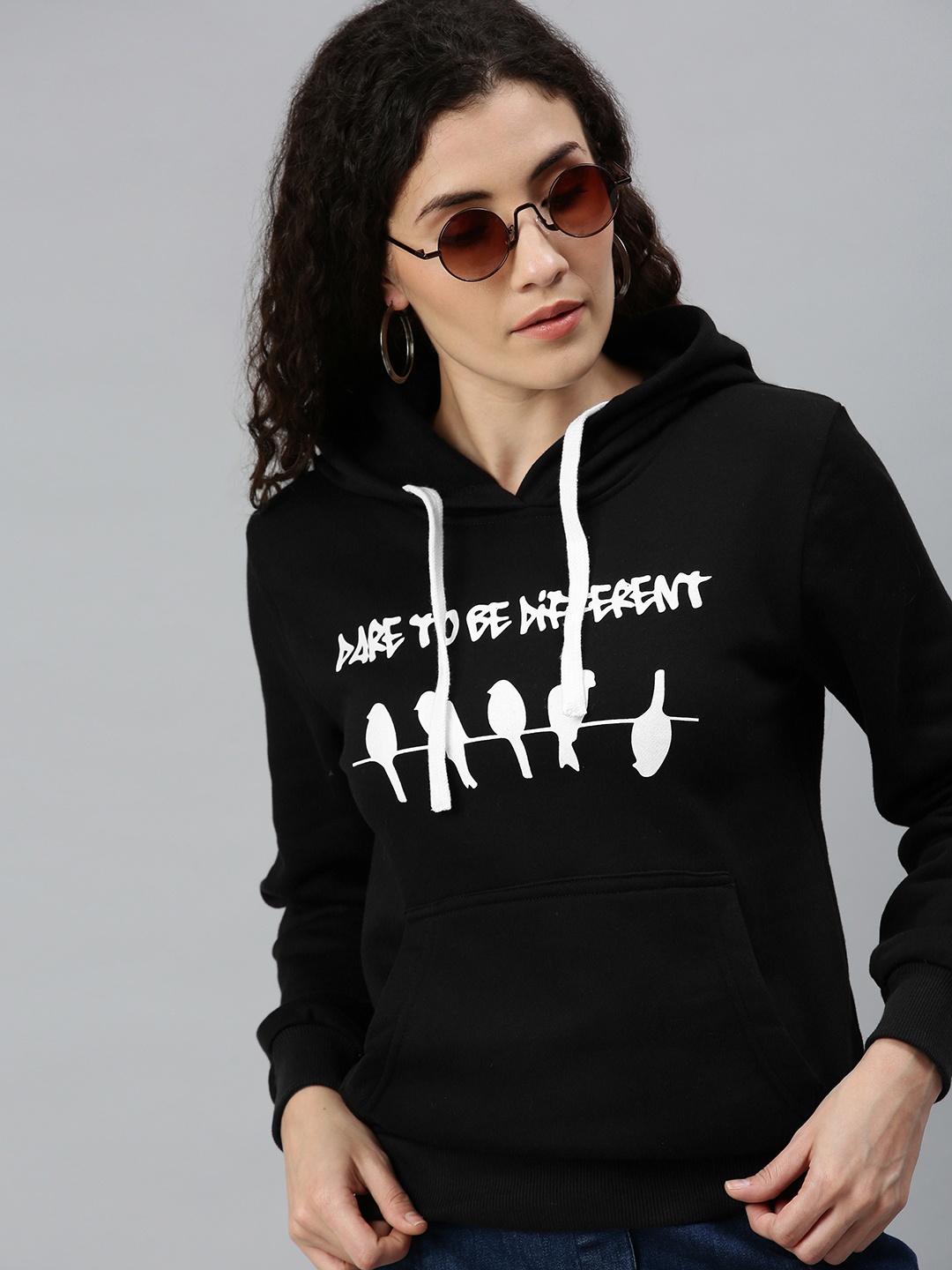 

Campus Sutra Women Black Printed Hooded Sweatshirt