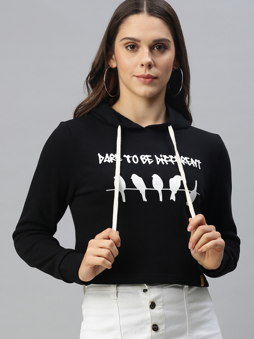 

Campus Sutra Women Black Printed Hooded Crop Sweatshirt