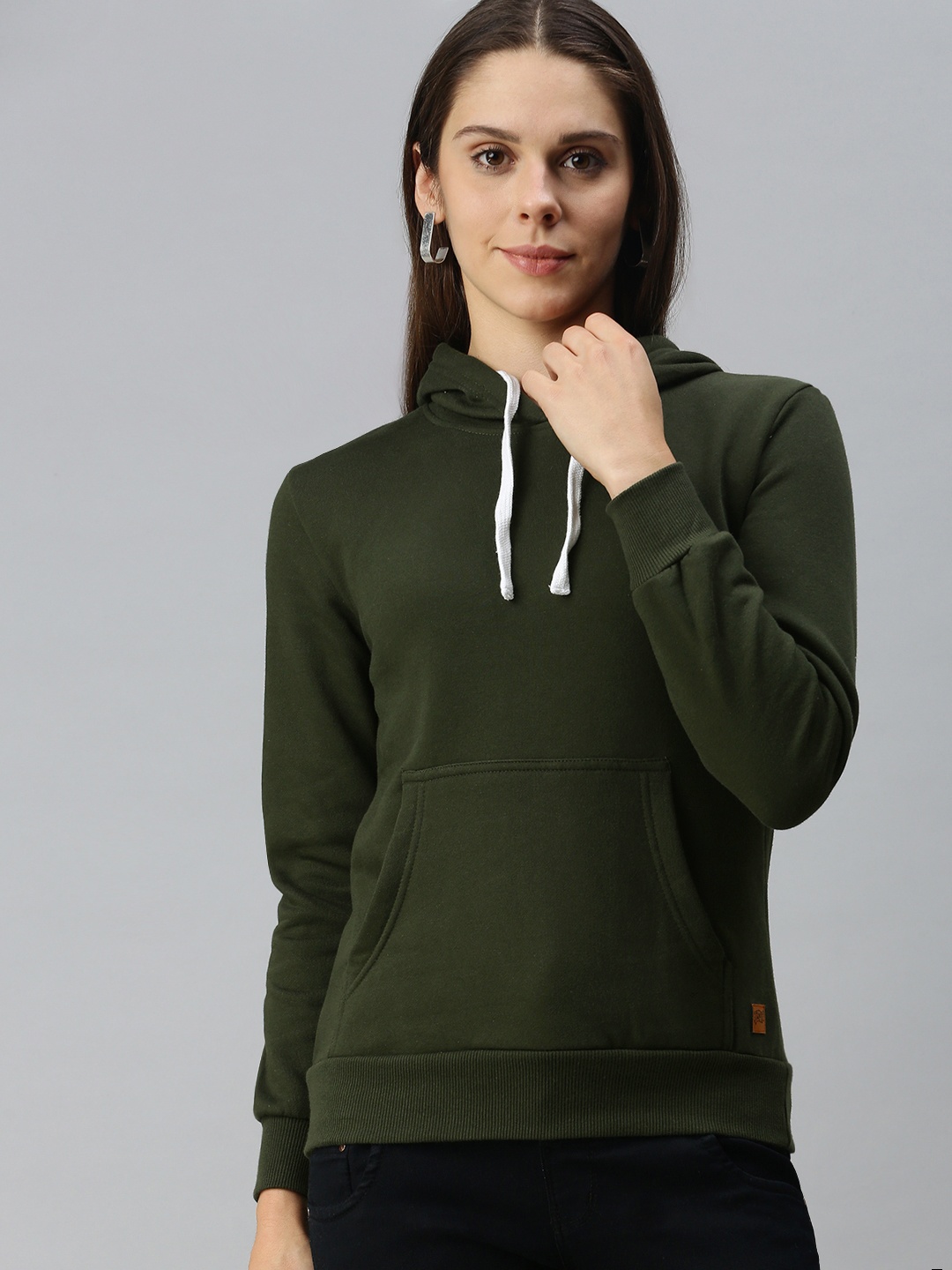 

Campus Sutra Women Olive Green Solid Hooded Sweatshirt