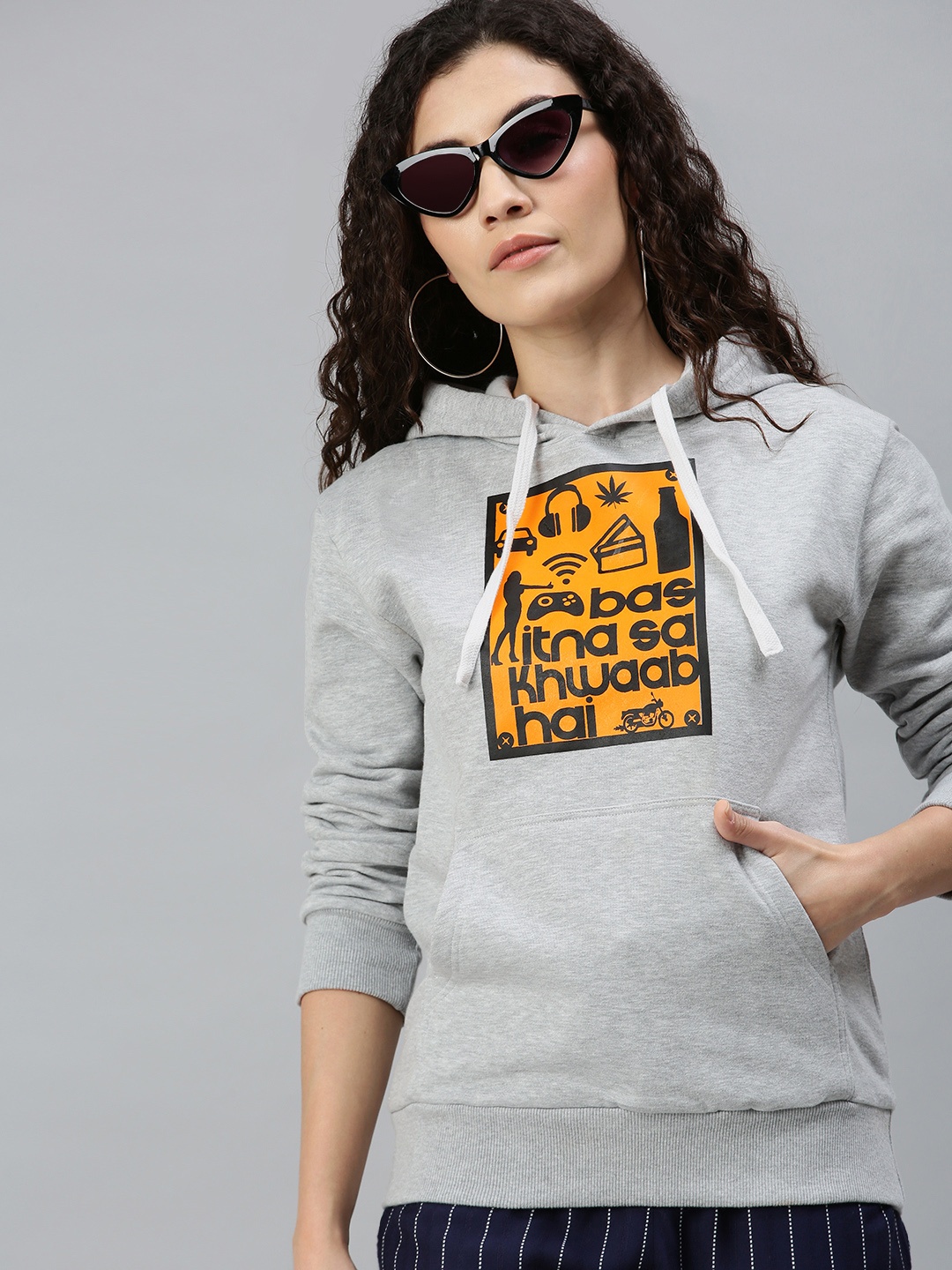 

Campus Sutra Women Grey Melange Printed Hooded Sweatshirt