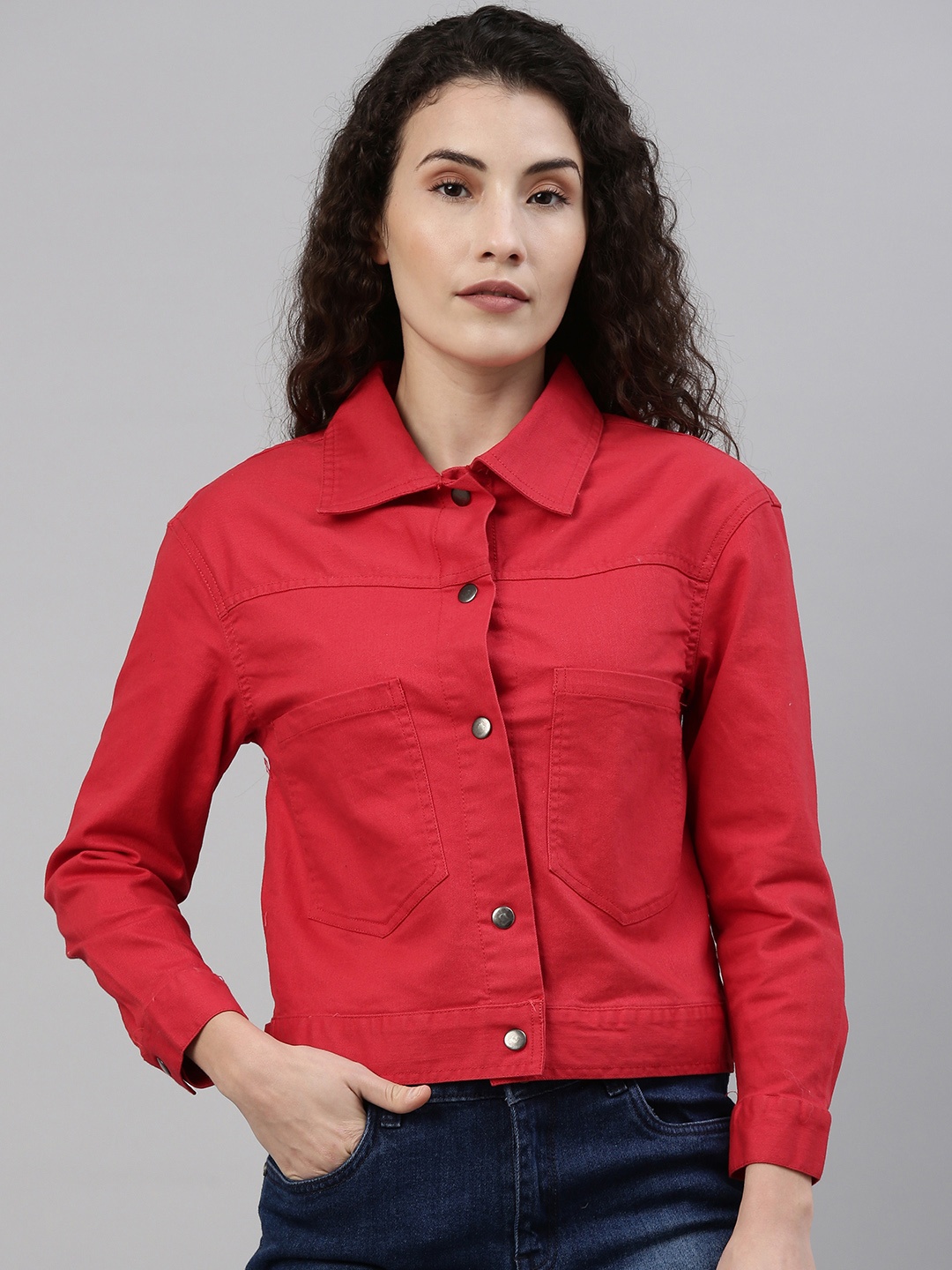 

Campus Sutra Women Red Solid Denim Jacket