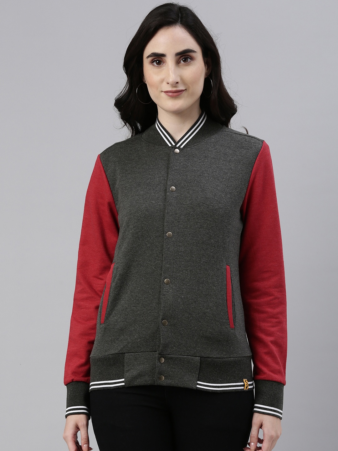

Campus Sutra Women Charcoal Red Windcheater Outdoor Varsity Jacket