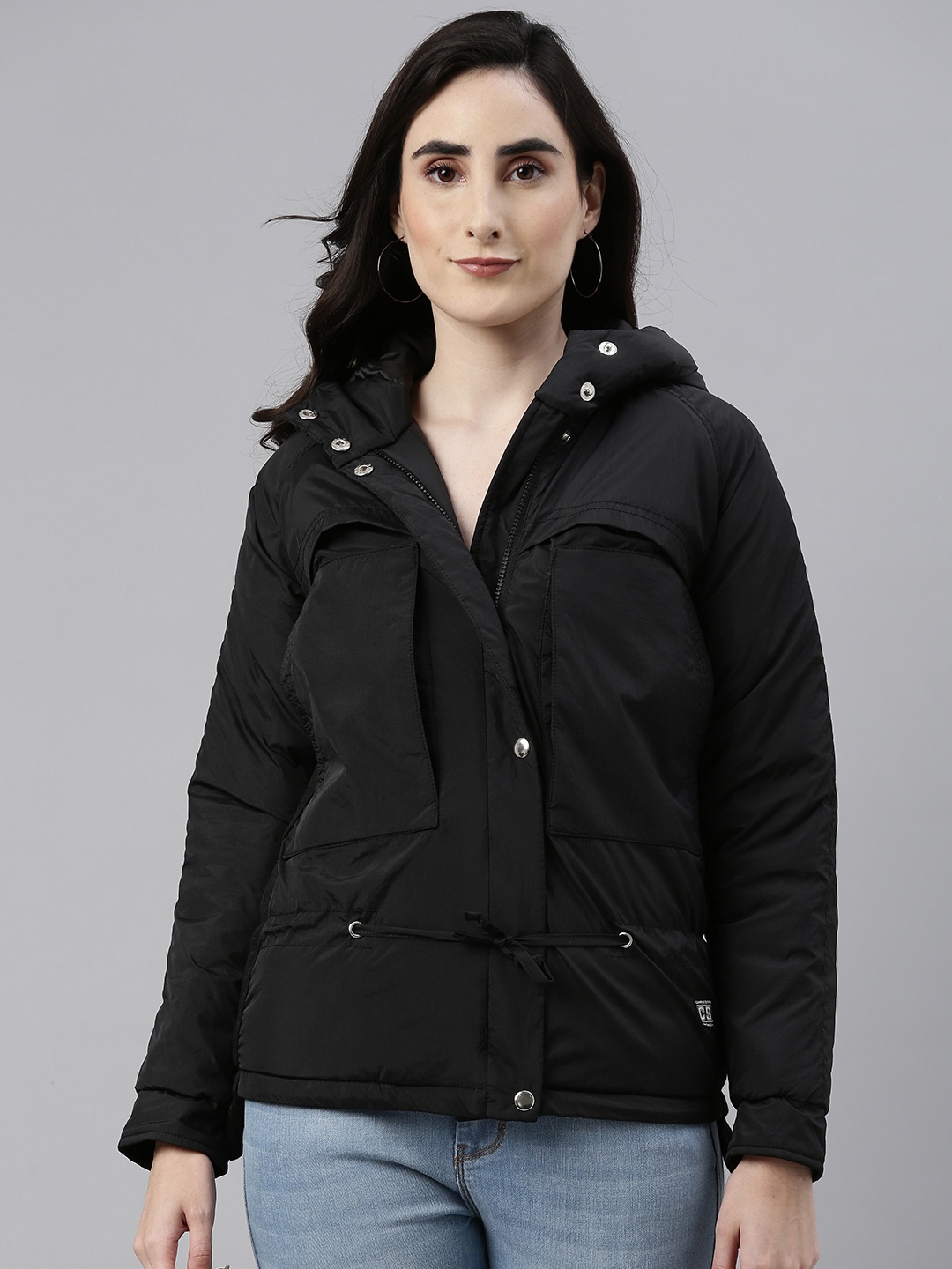 

Campus Sutra Women Black Solid Hooded Padded Jacket