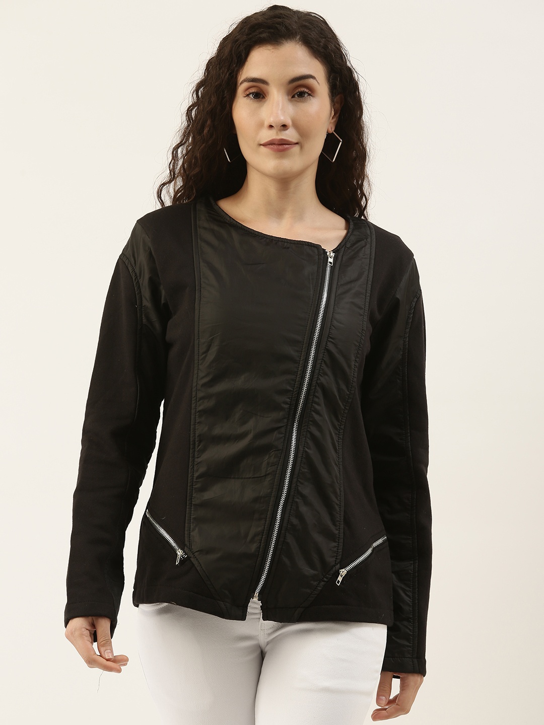 

Campus Sutra Women Black Collarless Biker Jacket