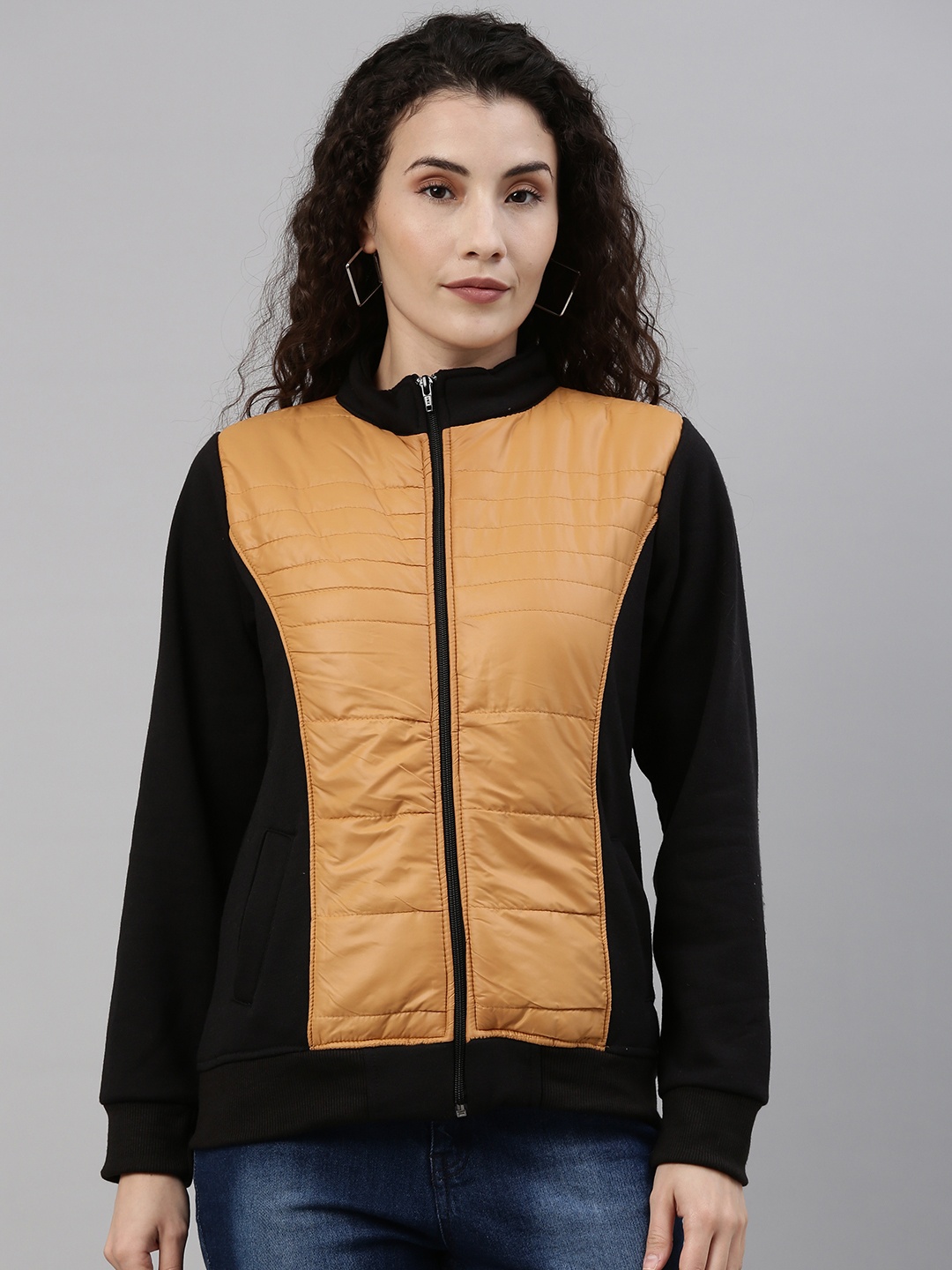 

Campus Sutra Women Black & Mustard Yellow Colourblocked Bomber Jacket
