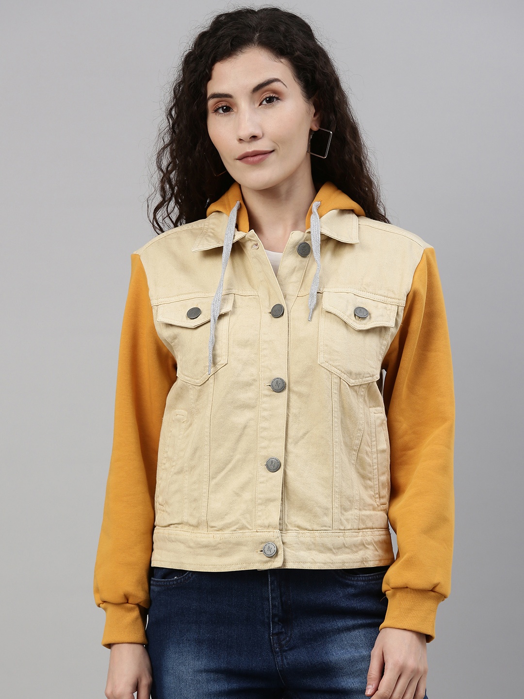 

Campus Sutra Women Beige Solid Hooded Denim Jacket