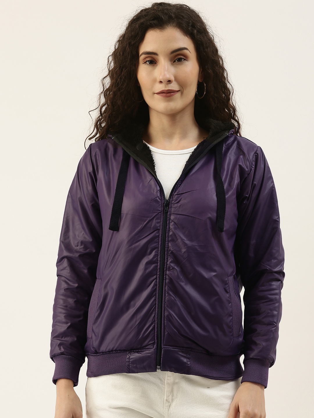 

Campus Sutra Women Purple Solid Hooded Bomber Jacket