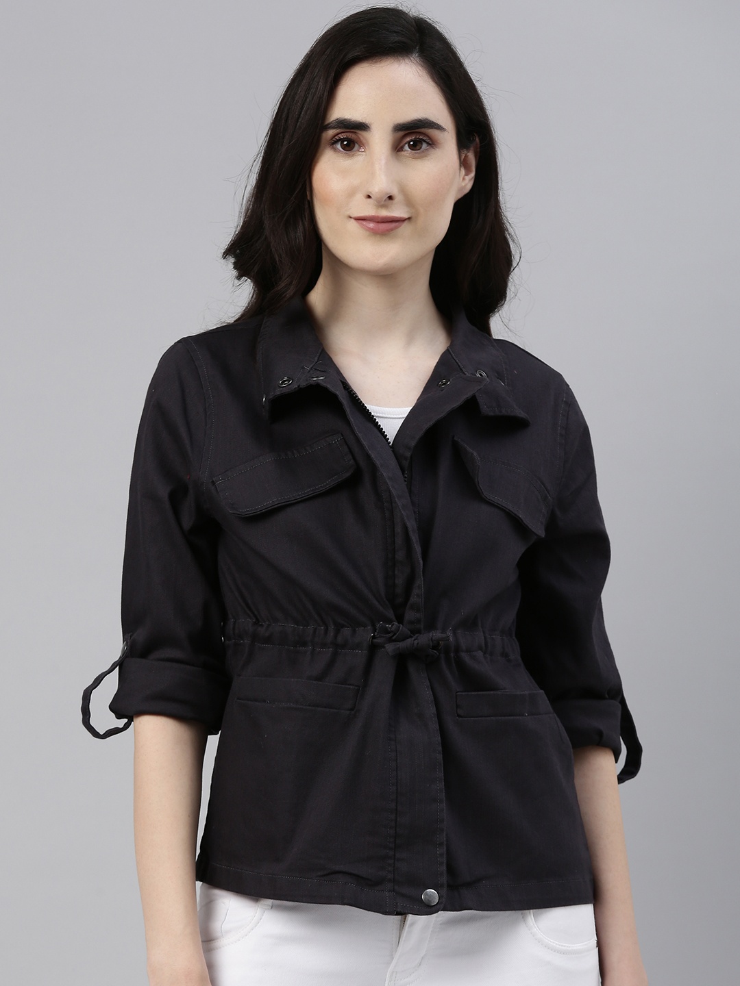 

Campus Sutra Women Black Solid Windcheater Outdoor Denim Jacket