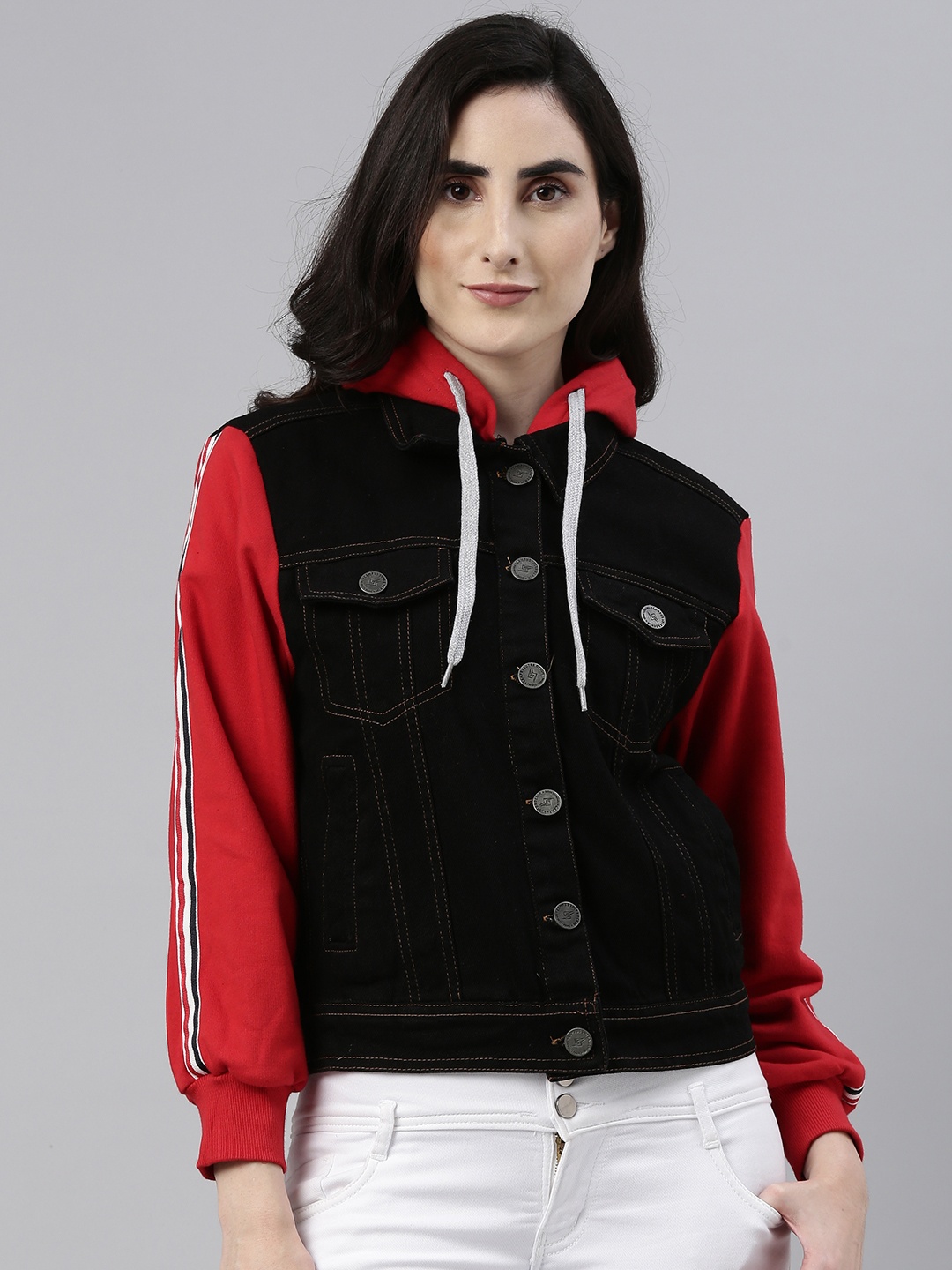 

Campus Sutra Women Black Solid Hooded Denim Jacket