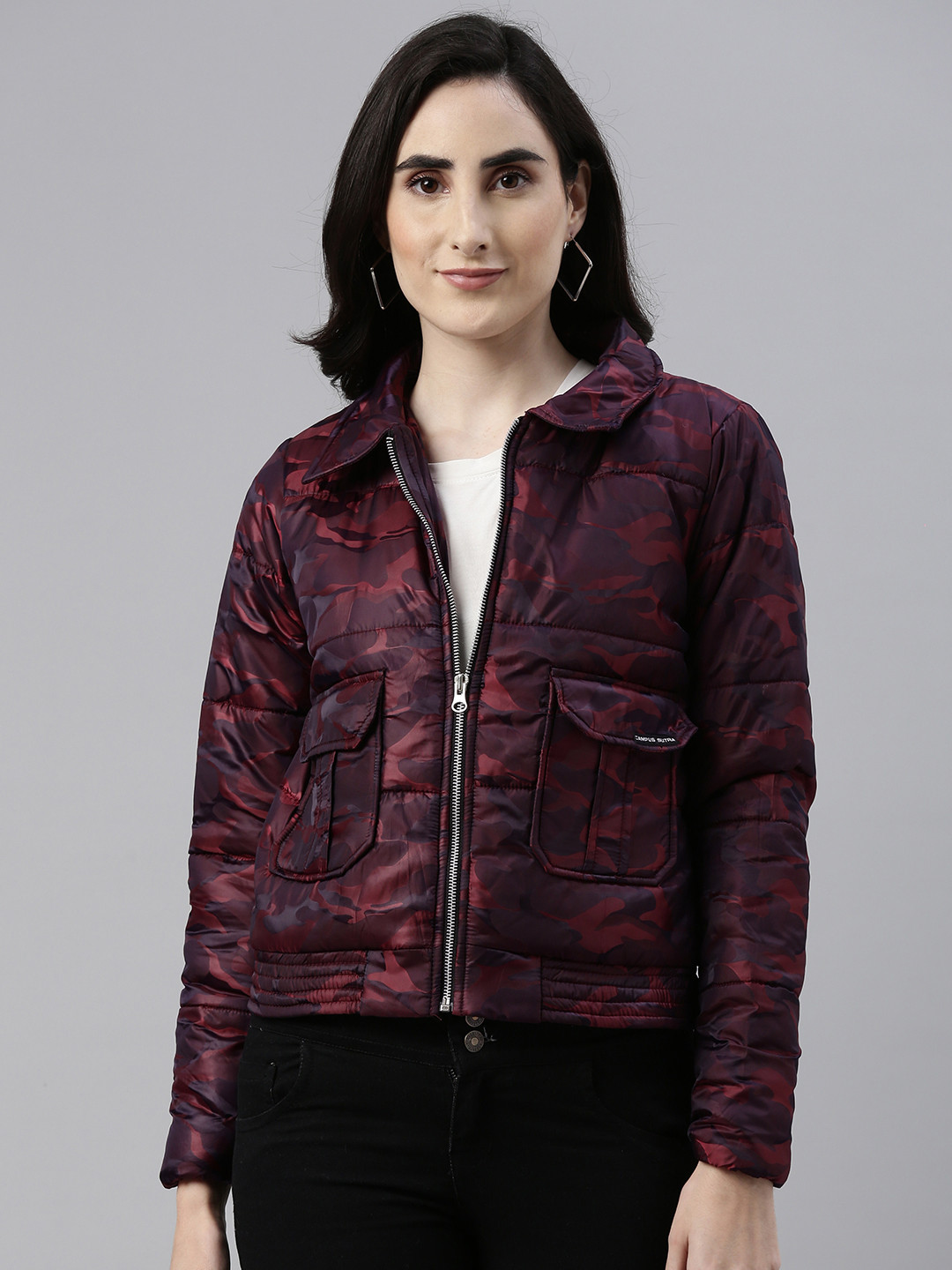 

Campus Sutra Women Maroon Camouflaged Padded Jacket