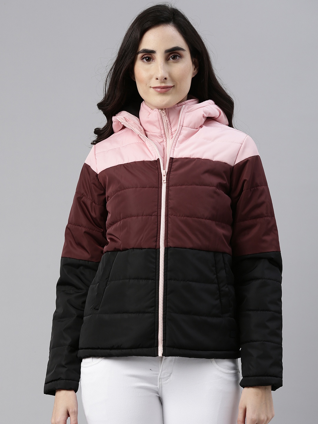 

Campus Sutra Women Black and Maroon Colourblocked Padded Jacket