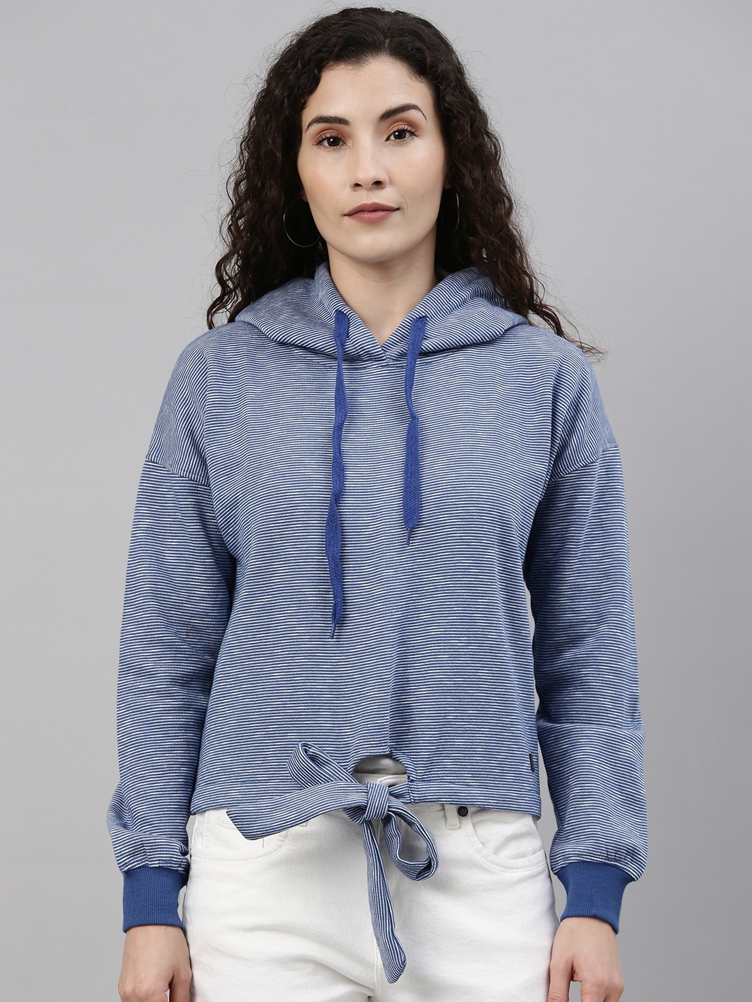 

Campus Sutra Women Blue & White Striped Waist Tie-Up Hooded Sweatshirt