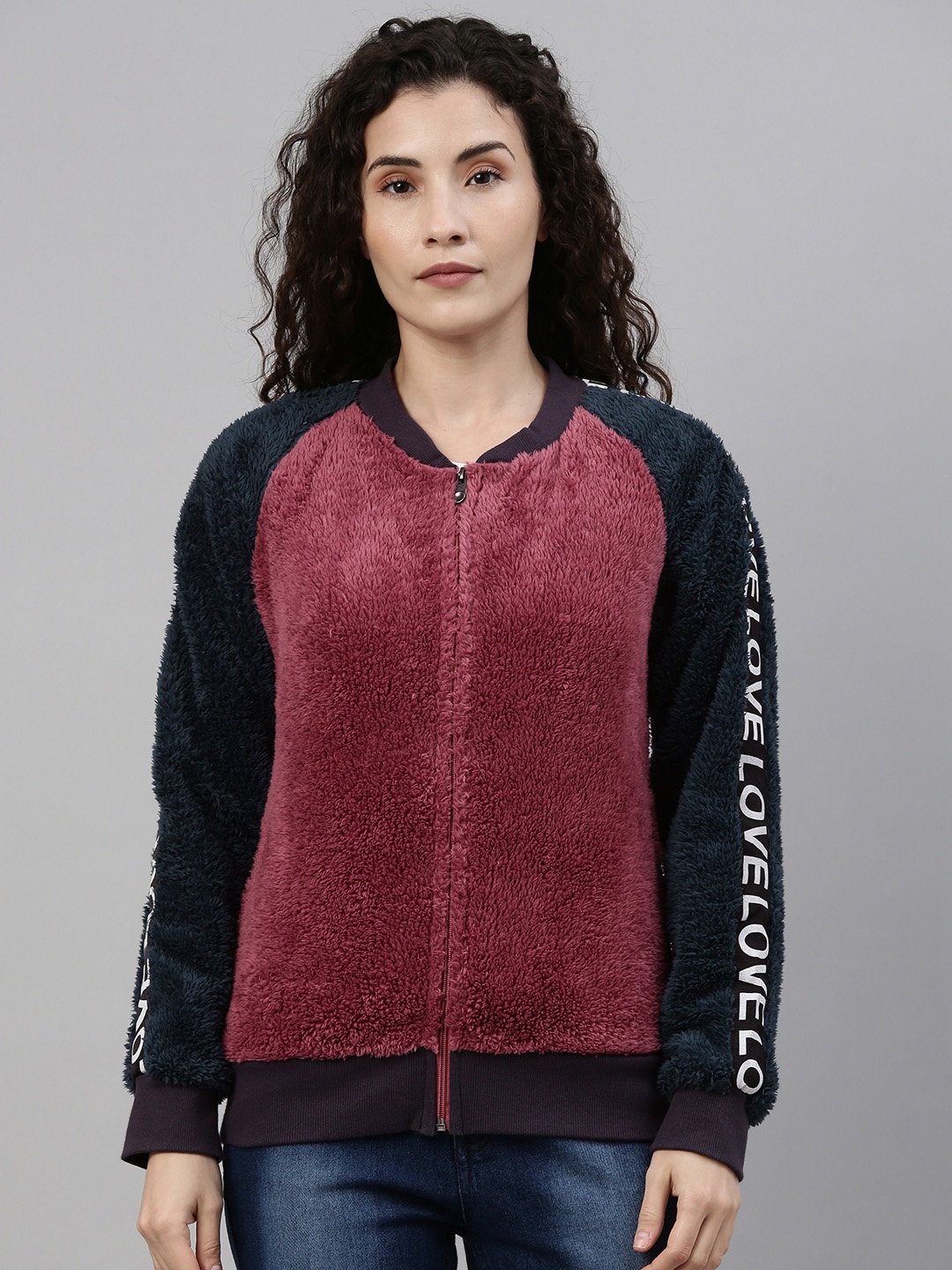 

Campus Sutra Women Maroon & Teal Green Printed Bomber Jacket