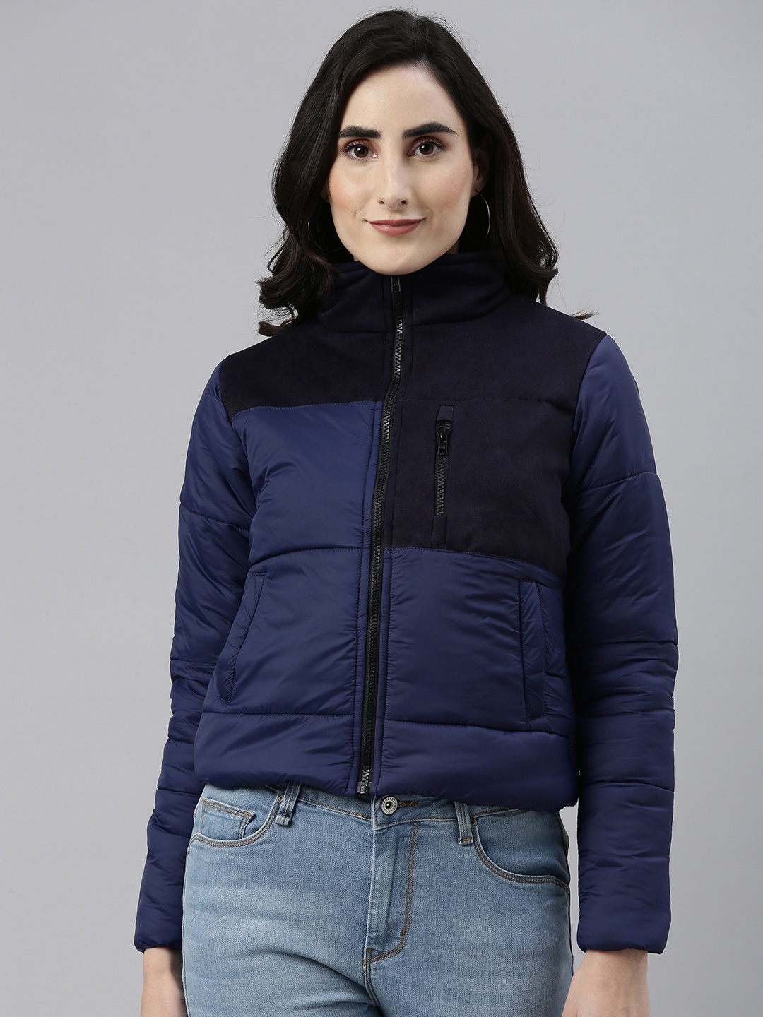 

Campus Sutra Women Navy Blue Colourblocked Padded Jacket
