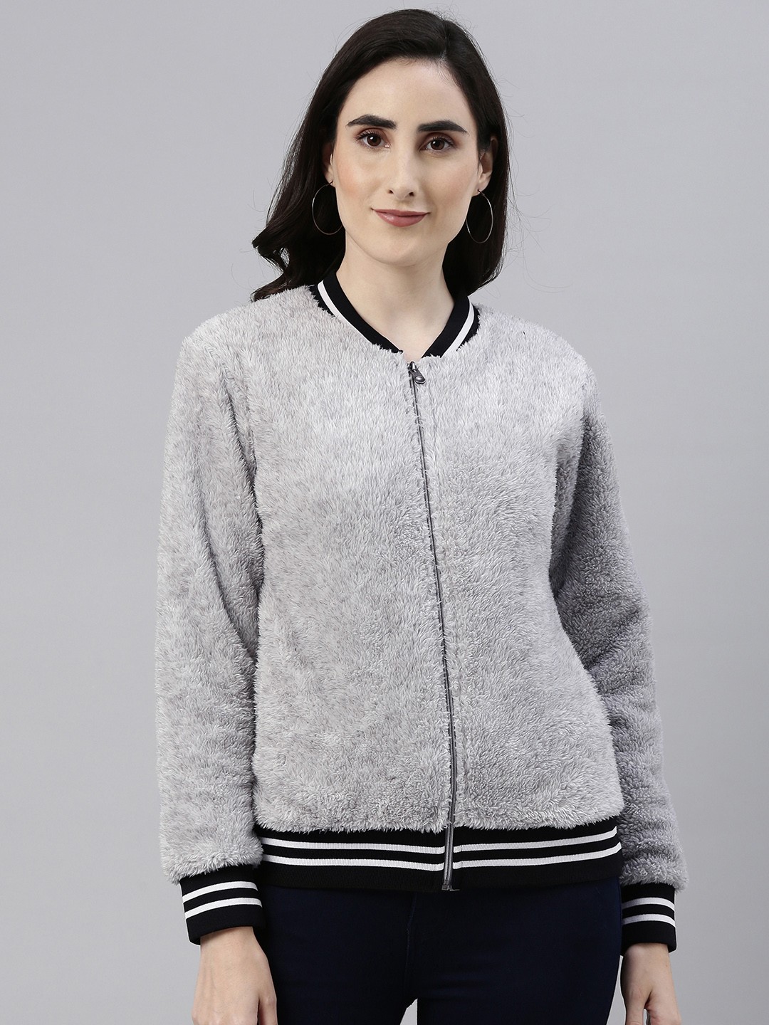 

Campus Sutra Women Grey Faux Fur Bomber Jacket