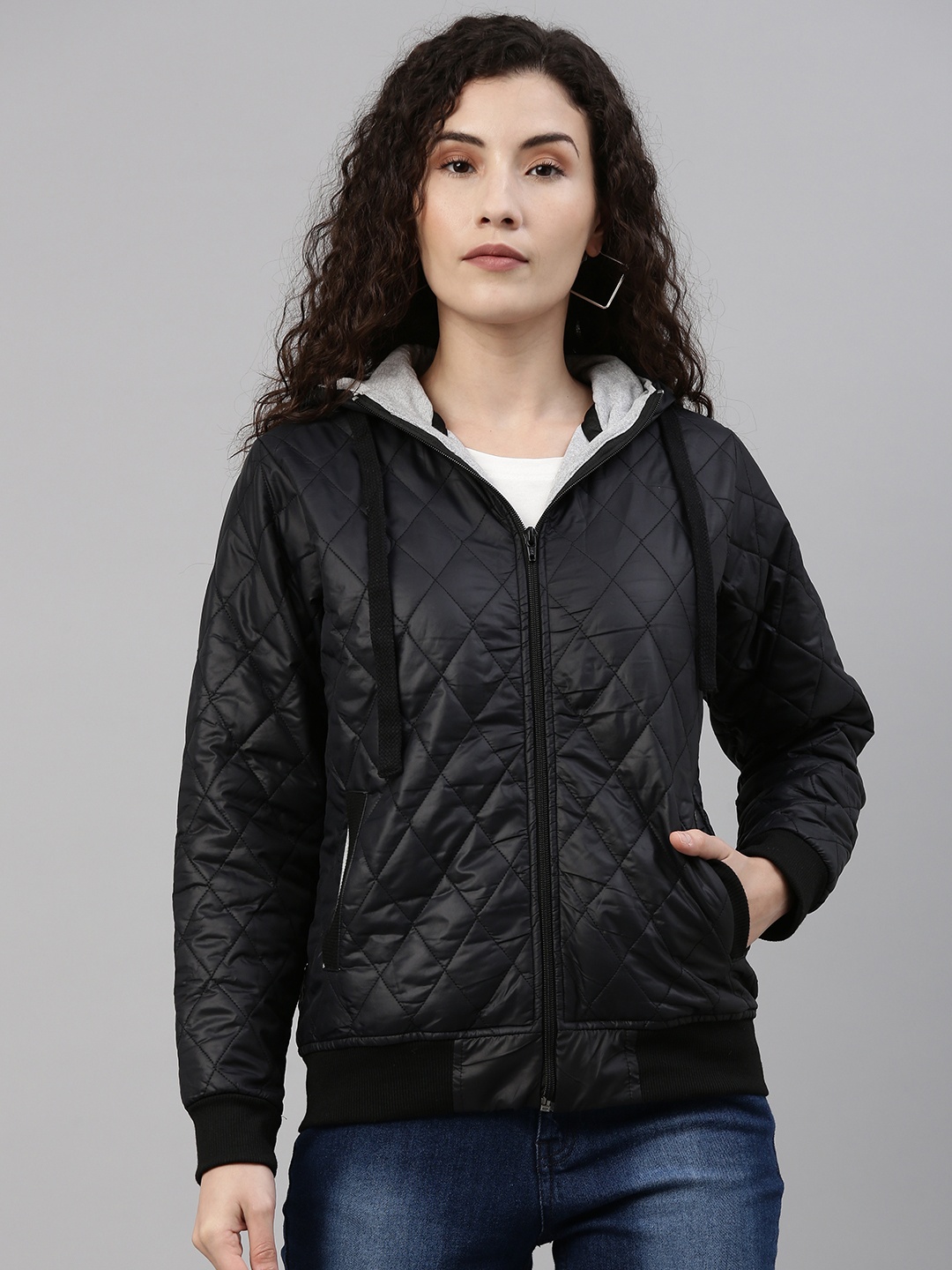 

Campus Sutra Women Black Hooded Quilted Jacket