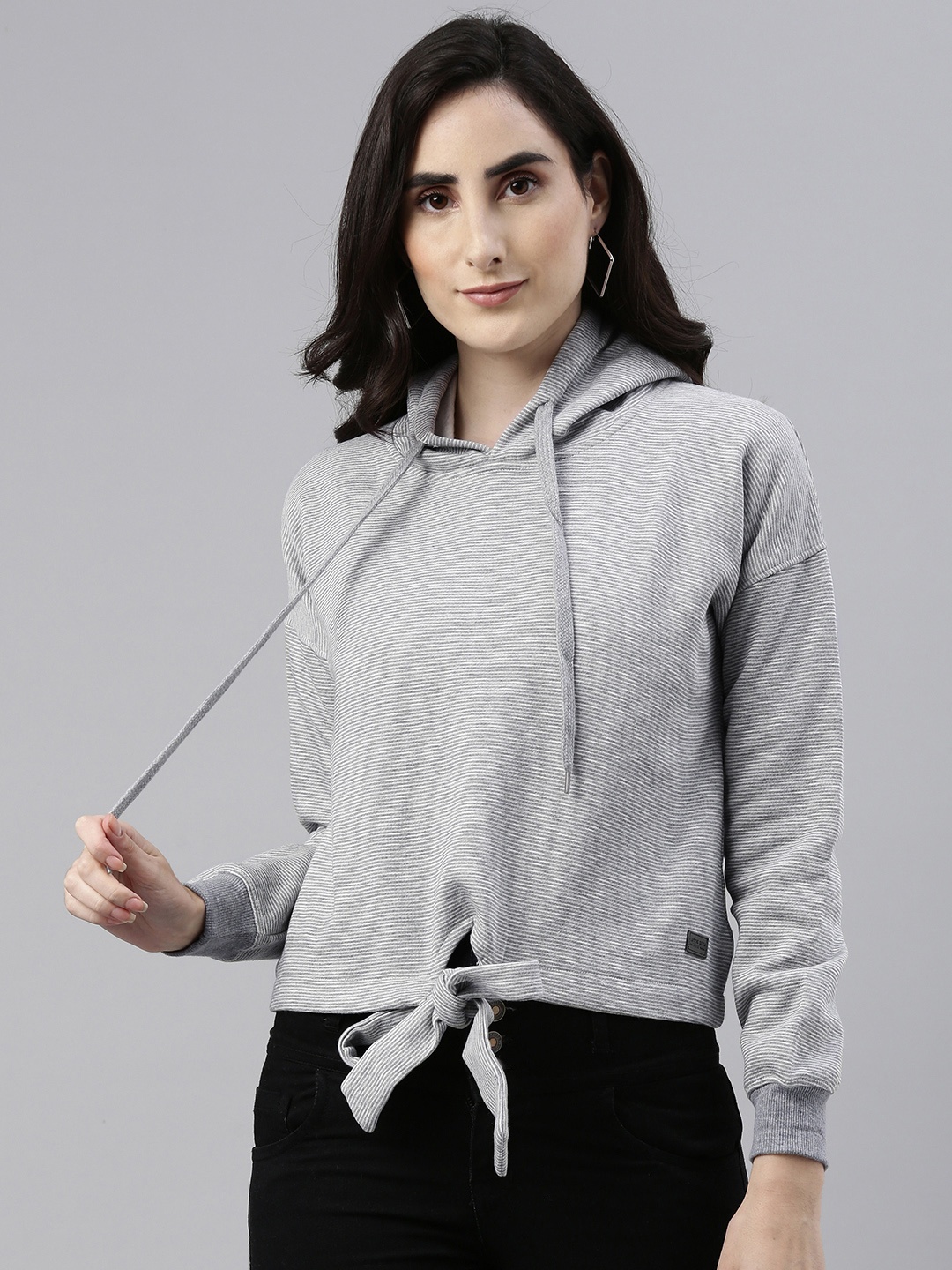 

Campus Sutra Women Grey Hooded Sweatshirt with Tie-Up Hem