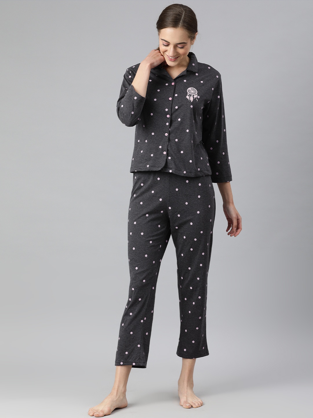 

Campus Sutra Women Charcoal Grey & Pink Printed Night suit