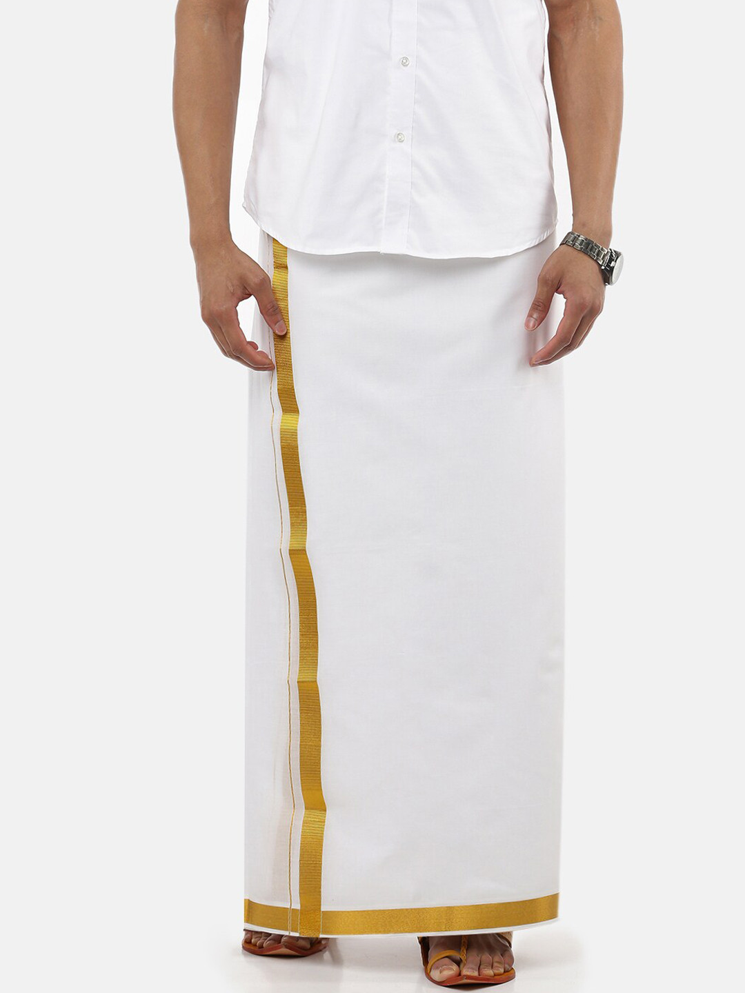 

Ramraj Men White Pure Cotton Double Layer Dhoti with Gold Zari Border