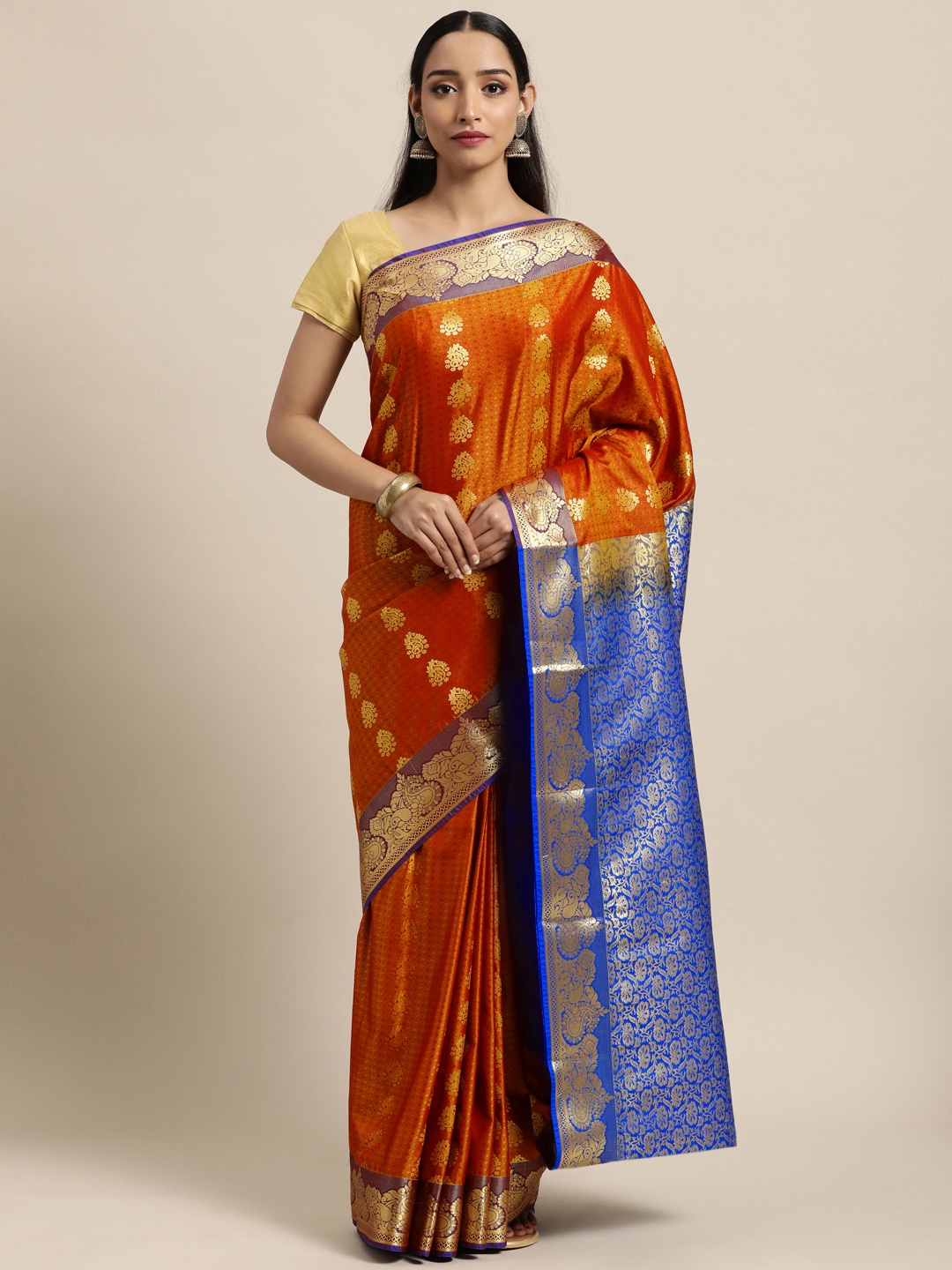 

Thara Saree Mustard & Blue Woven Design Zari Art Silk Kanjeevaram Sarees