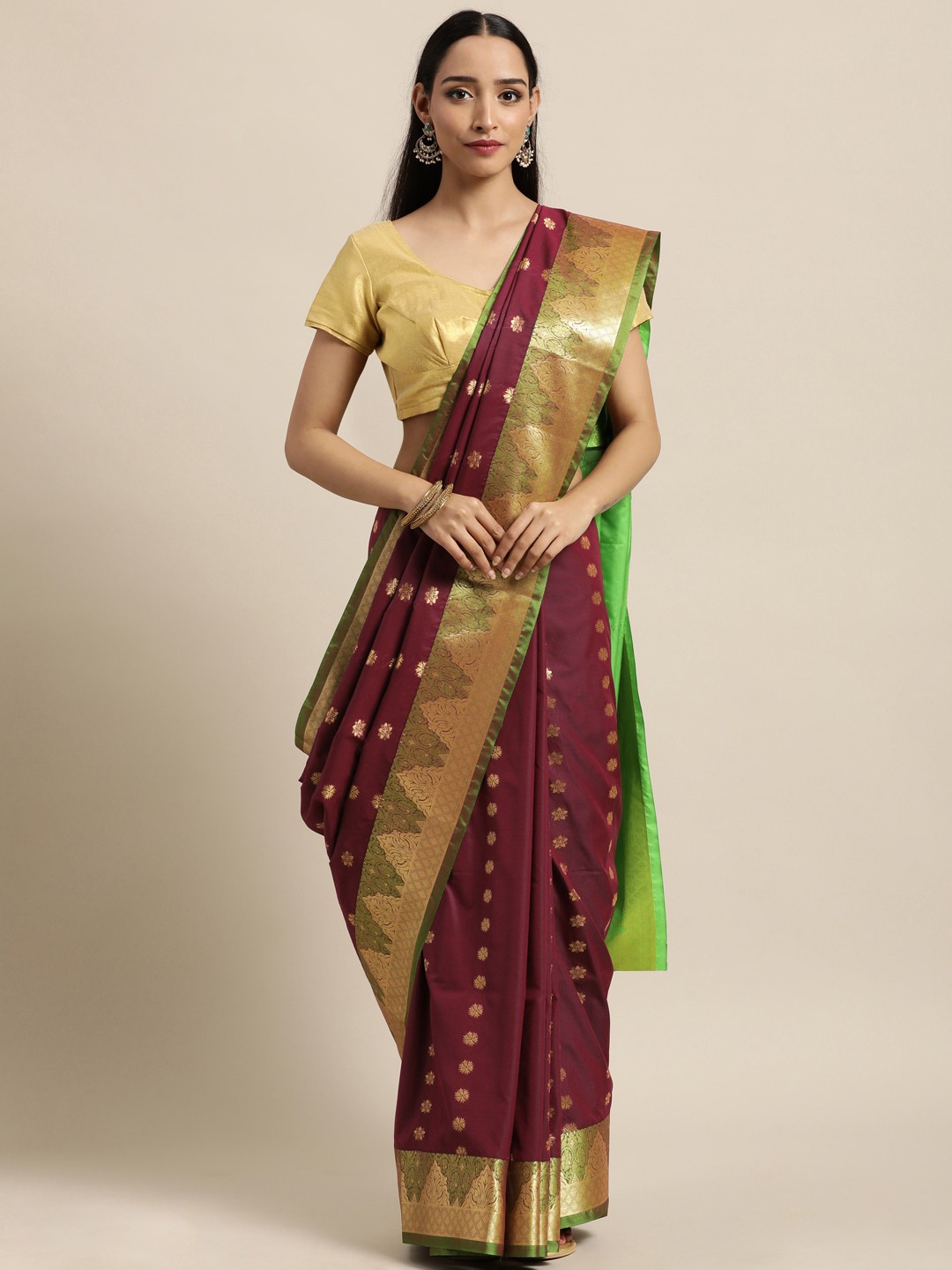 

Thara Saree Maroon & Green Woven Design Zari Art Silk Kanjeevaram Sarees