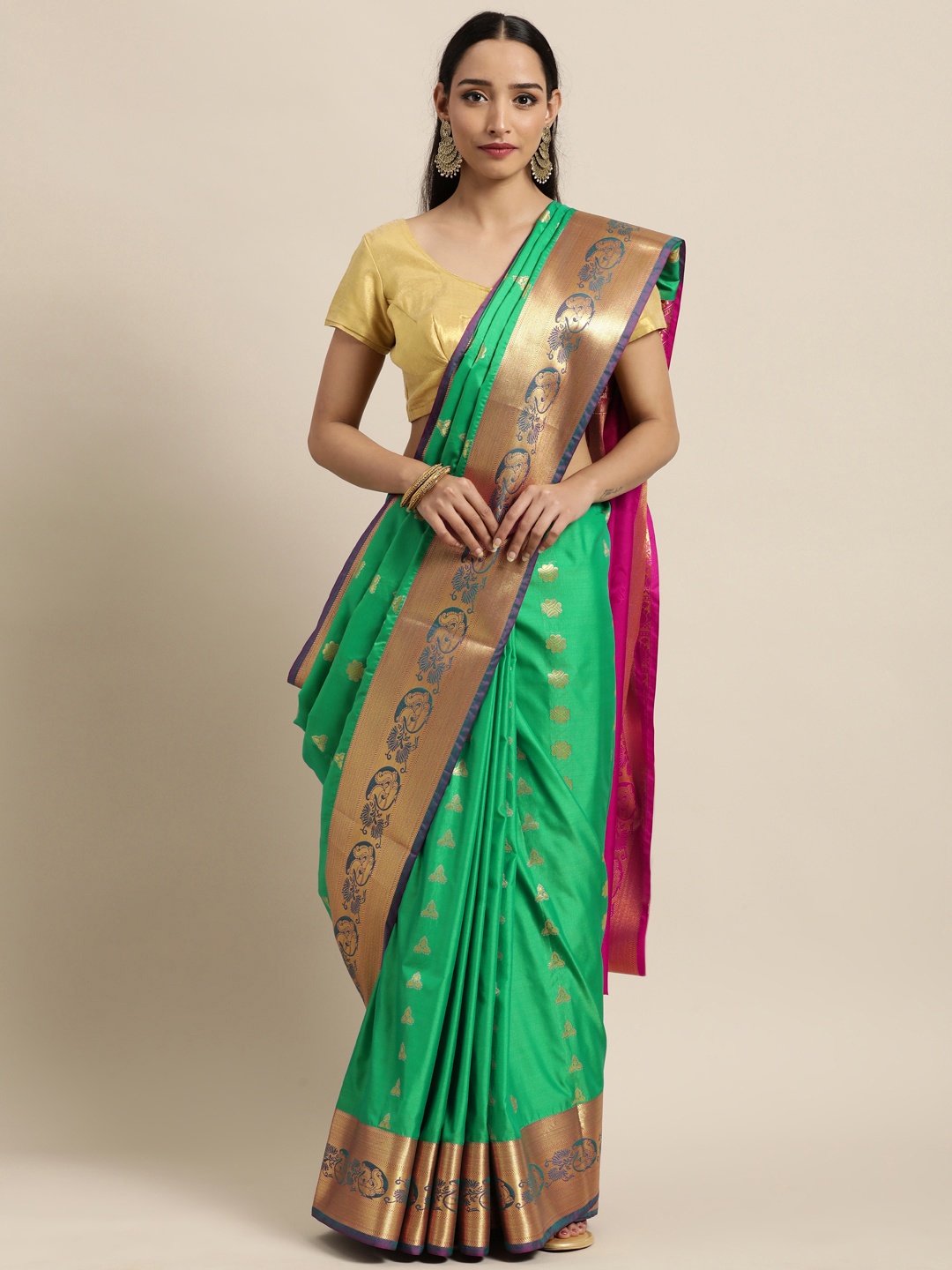 

Thara Saree Green & Pink Woven Design Zari Art Silk Kanjeevaram Sarees