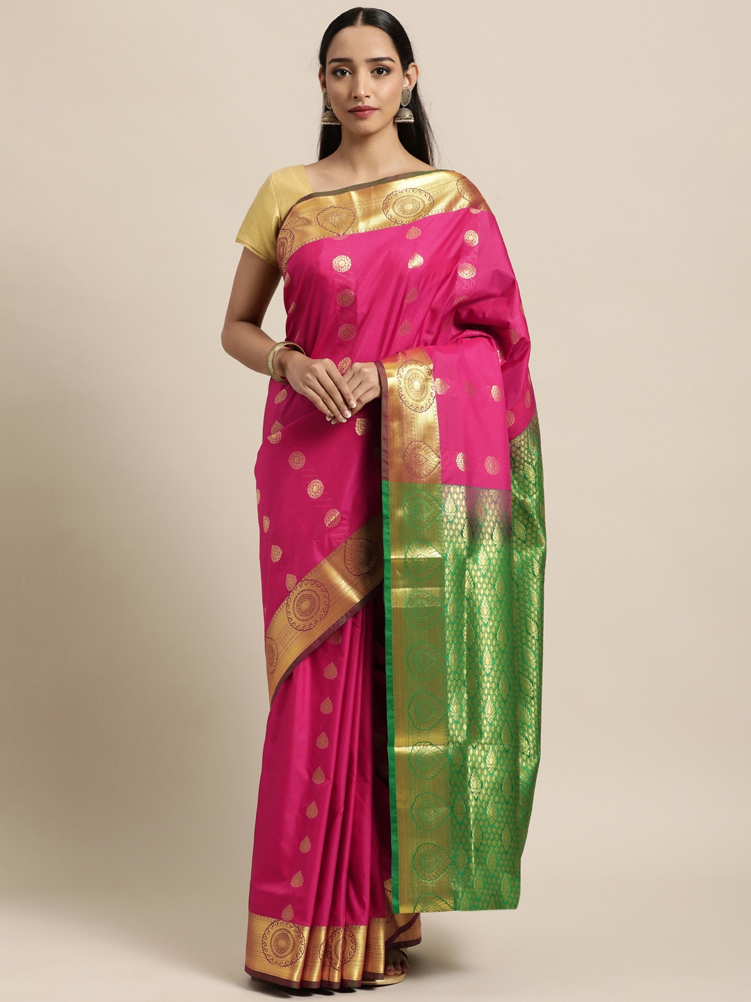 

Thara Saree Pink & Green Woven Design Zari Art Silk Kanjeevaram Sarees
