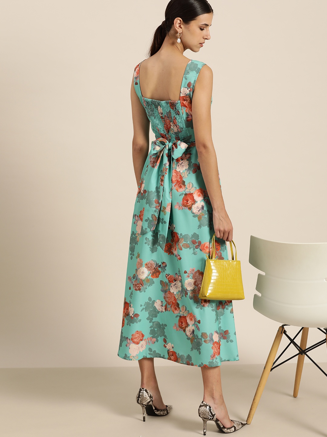 

her by invictus Women Blue & Orange Floral Print A-Line Midi Dress