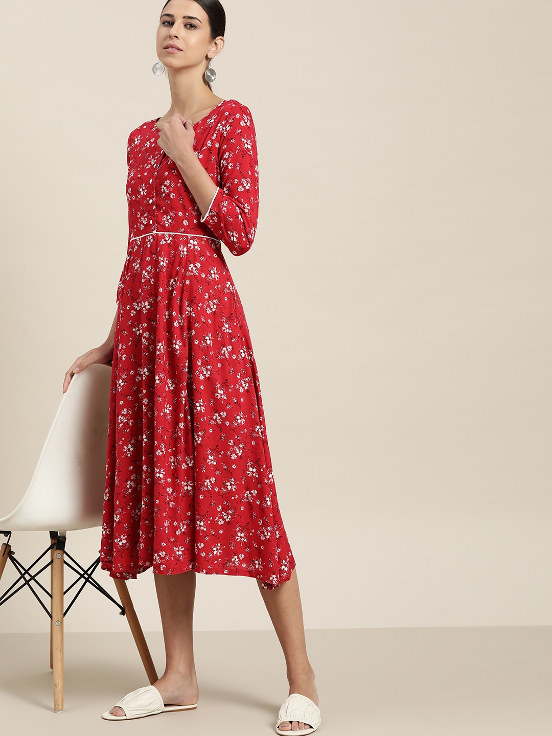 

her by invictus Red & White Floral A-Line Midi Dress